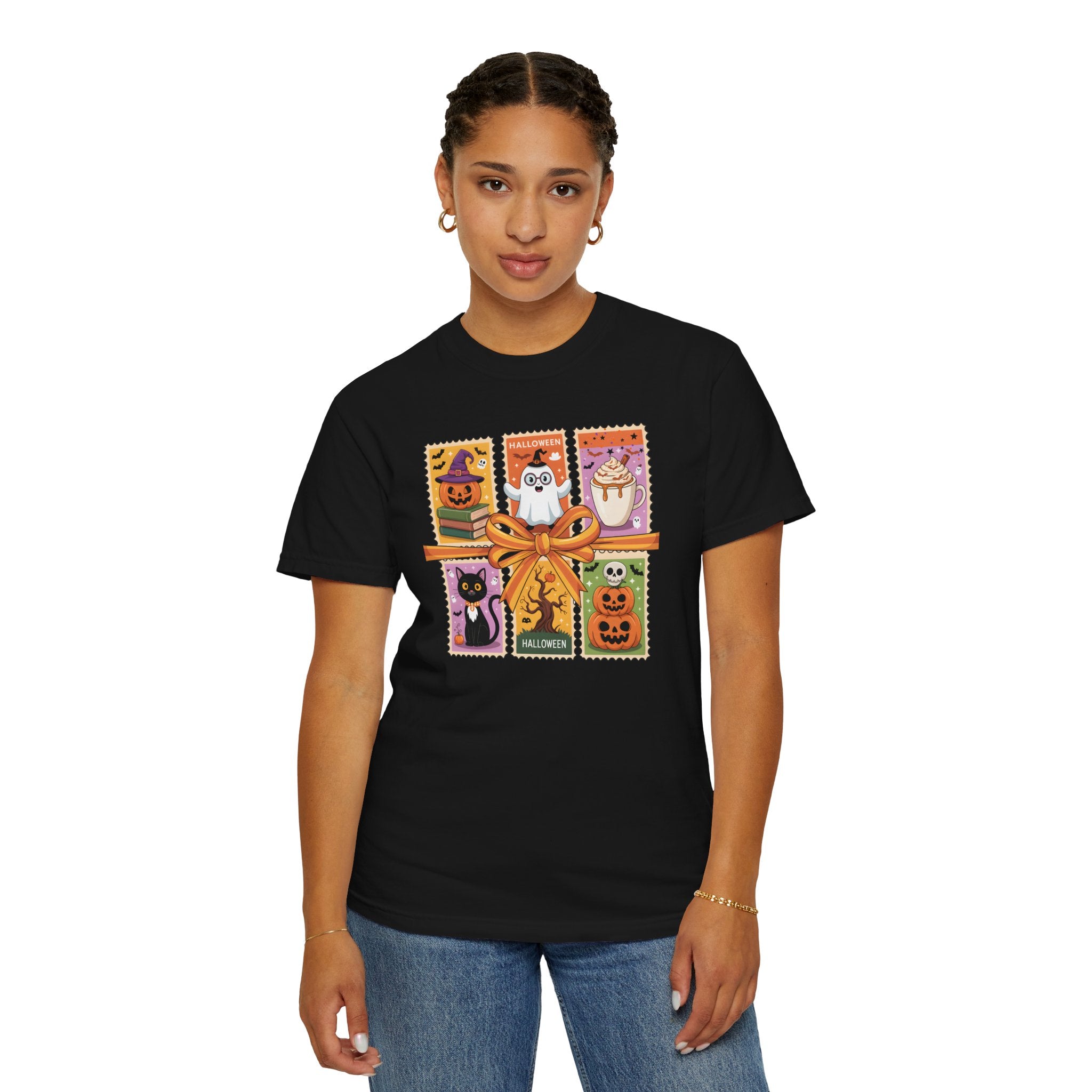 Festive Stamp Halloween Cat Ghost Pumpkin T-shirt, Cute Halloween Gift, Comfort Colors Fall Fashion Shirt, Spooky Cat Lovers