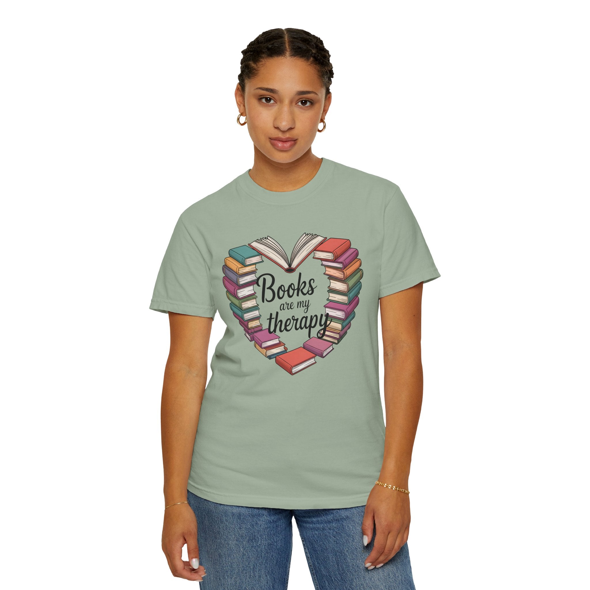 Books Are My Therapy Comfort Colors T-Shirt | Heart Stack of Colorful Books Design
