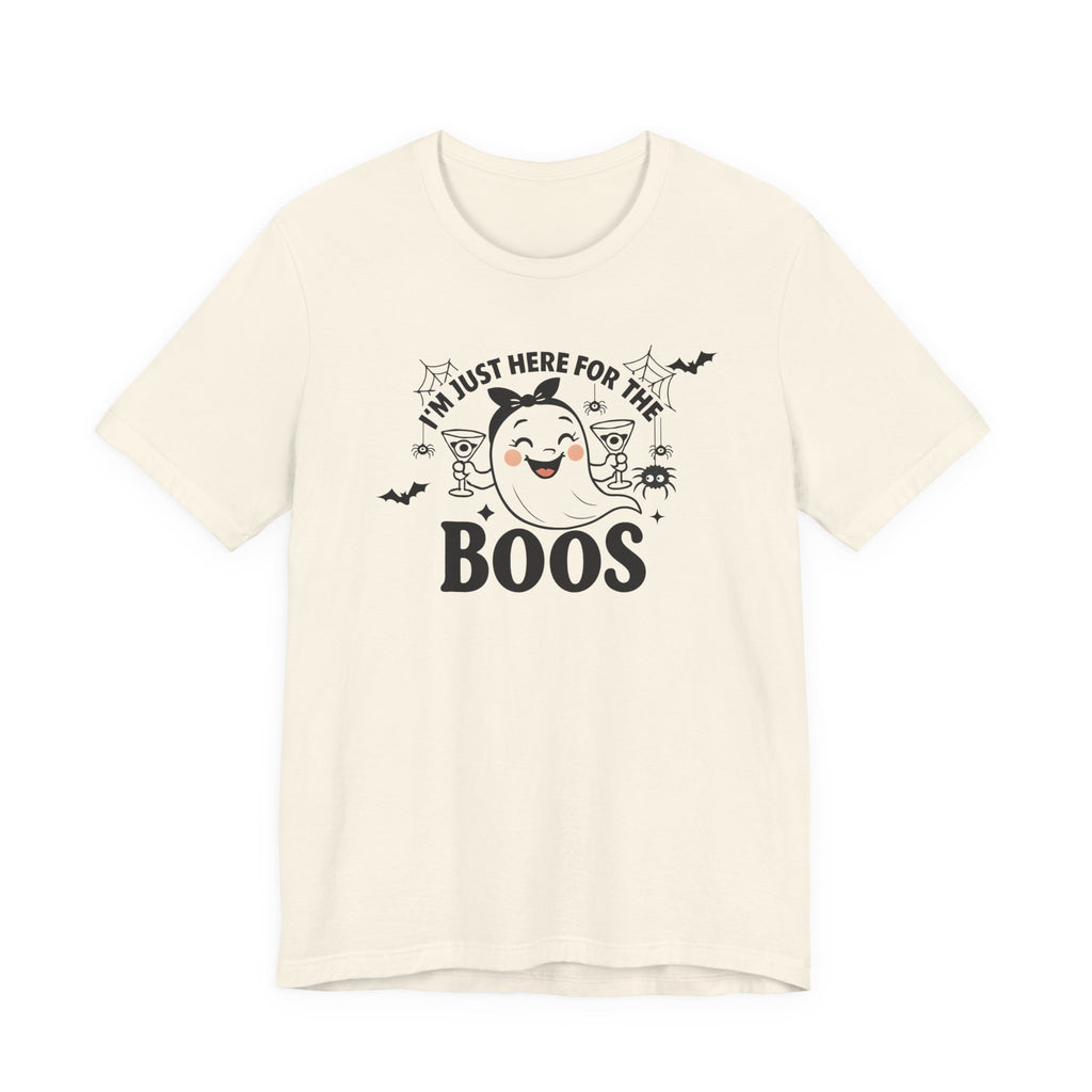 I'm Just Here For The Boos Ghost Tee, Unisex Funny T-Shirt for Parties, Cute Spooky Shirt, Gift for Trick-or-Treaters, Casual Fall Wear