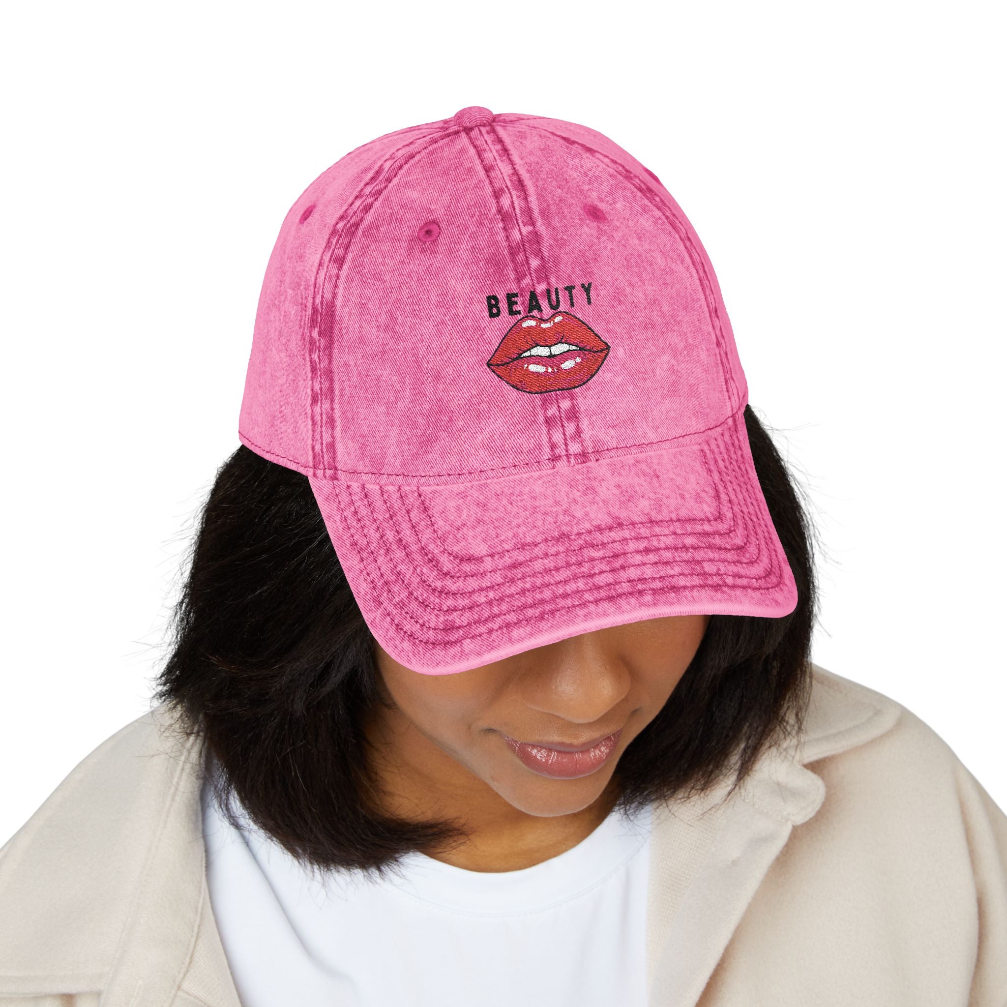 Beauty Lips Embroidered Cap | Vintage Pink Baseball Hat