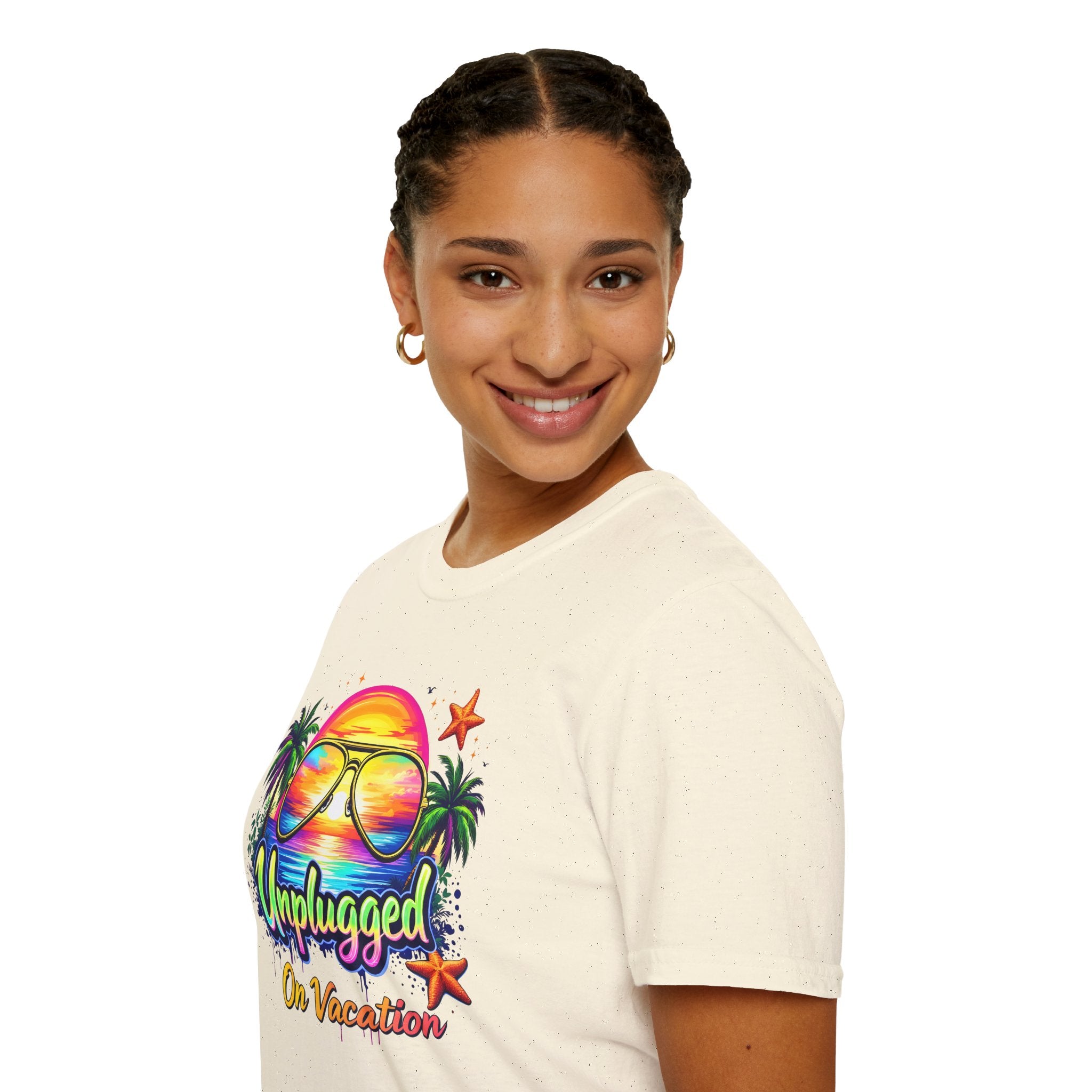 Beach Vacation T-Shirt — "Unplugged On Vacation" Tropical Sunglasses Beach Tee