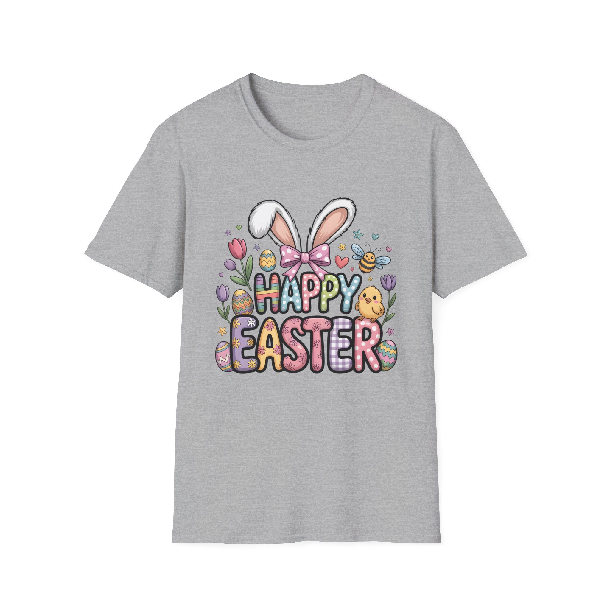 Happy Easter Bunny Ears T-Shirt | Pastel Eggs, Chicks & Flowers