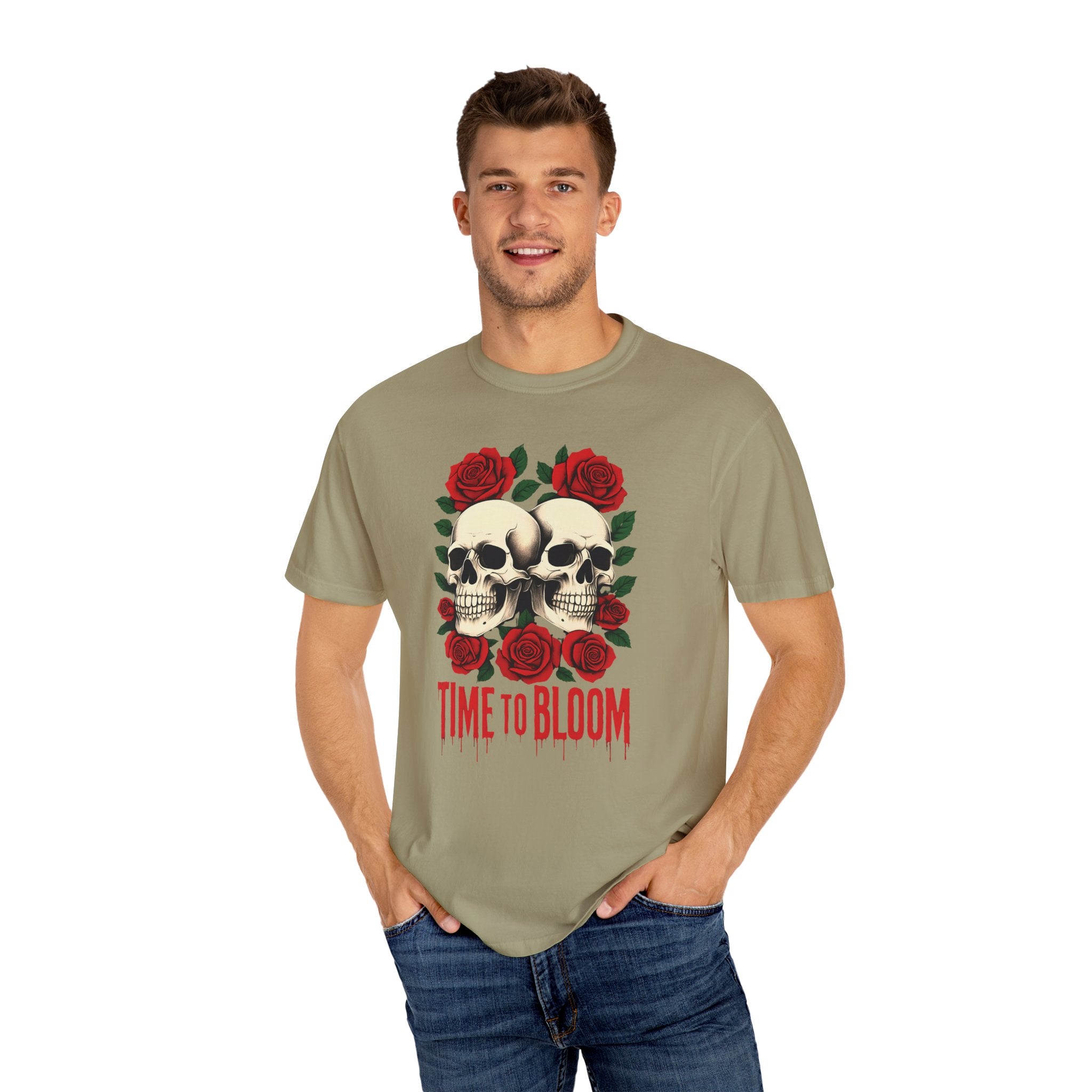 Stylish Skull & Rose Unisex T-shirt, Grunge Tee, Unisex Casual Wear, Unique Graphic Top, Gift for Goths, Time to Bloom Apparel