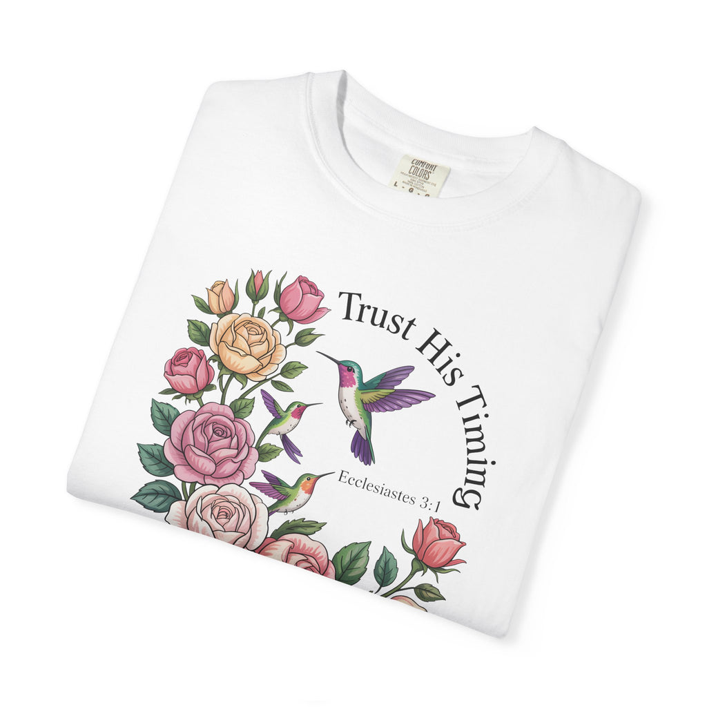 Comfort Colors® Floral Trust His Timing: Ecclesiastes 3;1 Scripture Tee, Christian Apparel