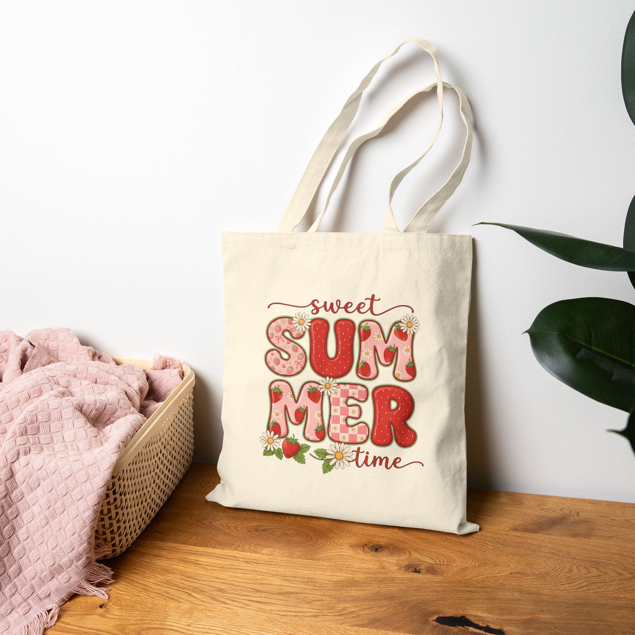 Sweet Summer Time Cotton Canvas Tote Bag | Strawberry Retro Summer Design