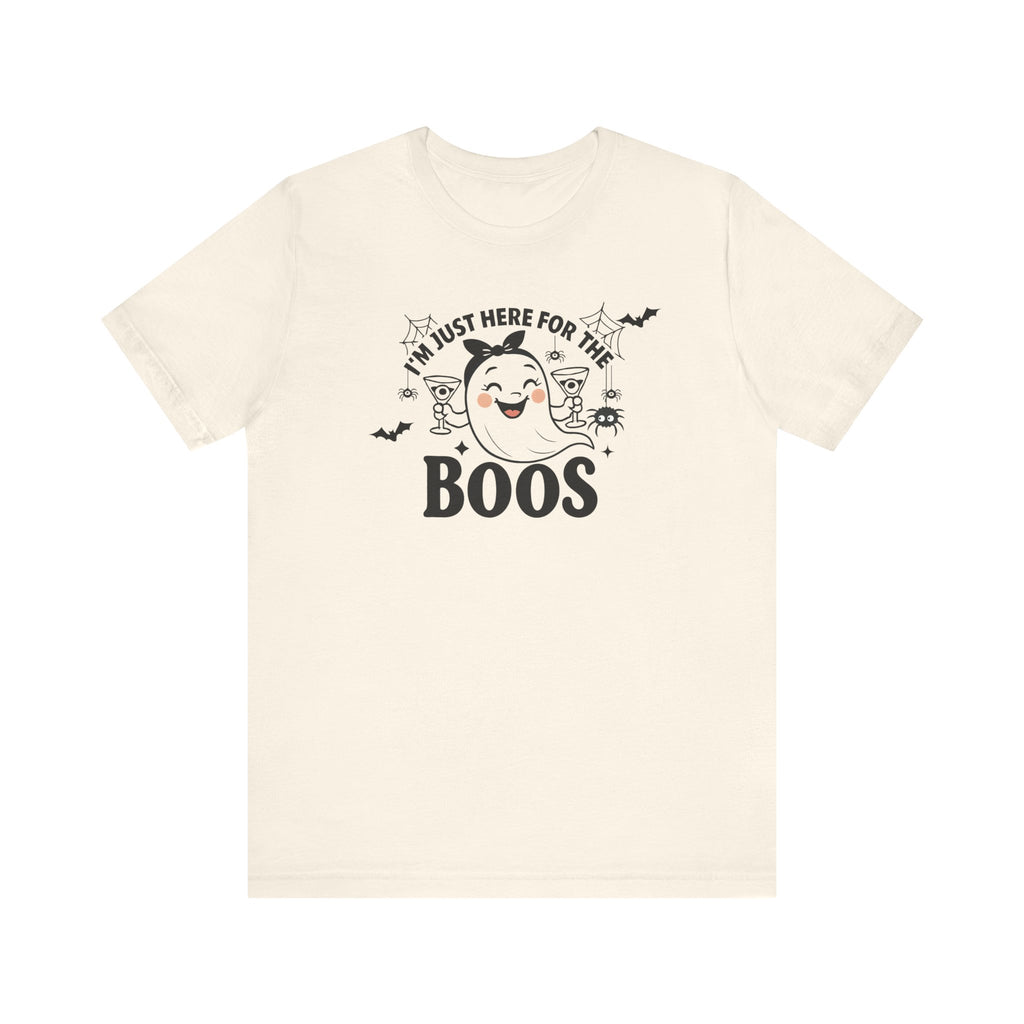 I'm Just Here For The Boos Ghost Tee, Unisex Funny T-Shirt for Parties, Cute Spooky Shirt, Gift for Trick-or-Treaters, Casual Fall Wear