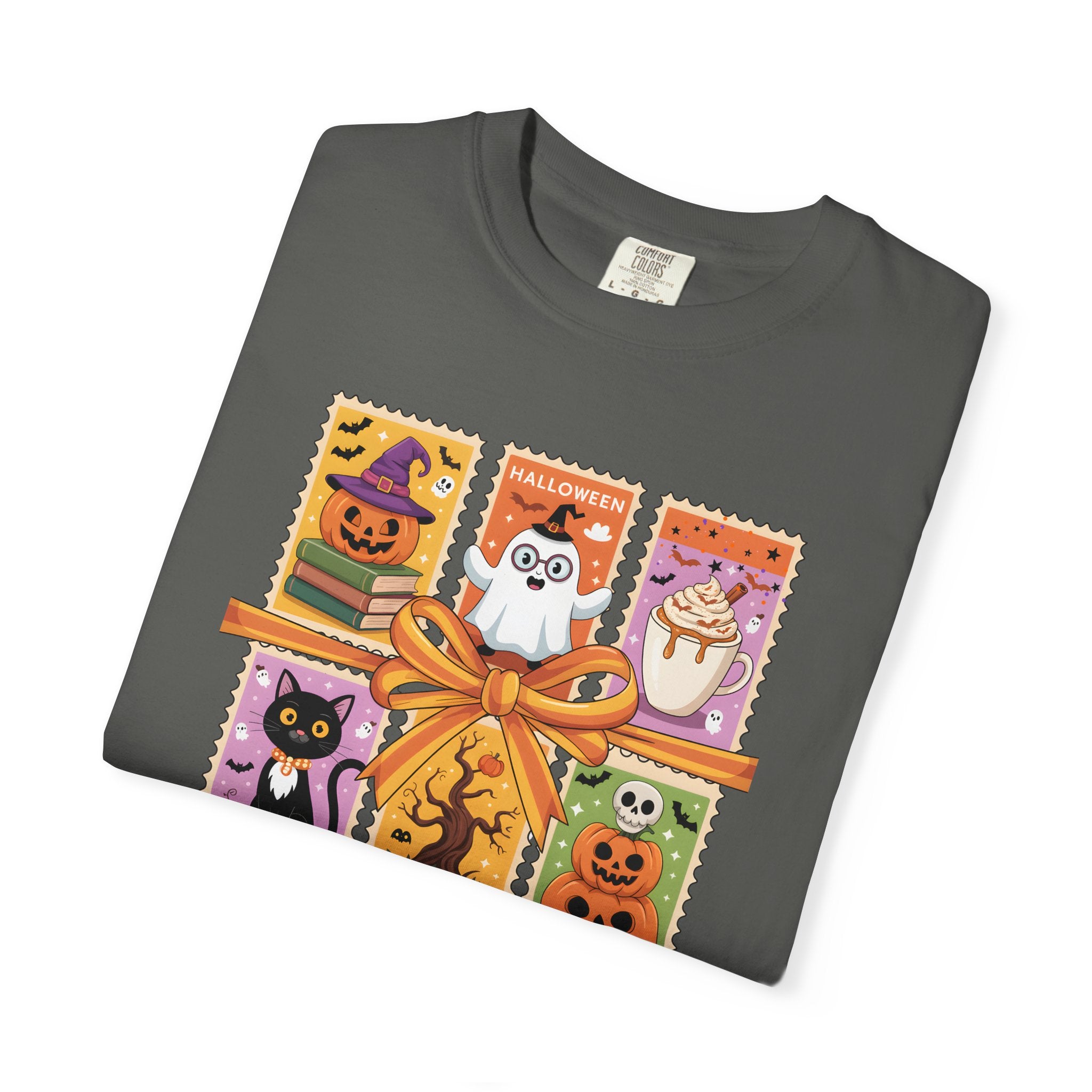 Festive Stamp Halloween Cat Ghost Pumpkin T-shirt, Cute Halloween Gift, Comfort Colors Fall Fashion Shirt, Spooky Cat Lovers