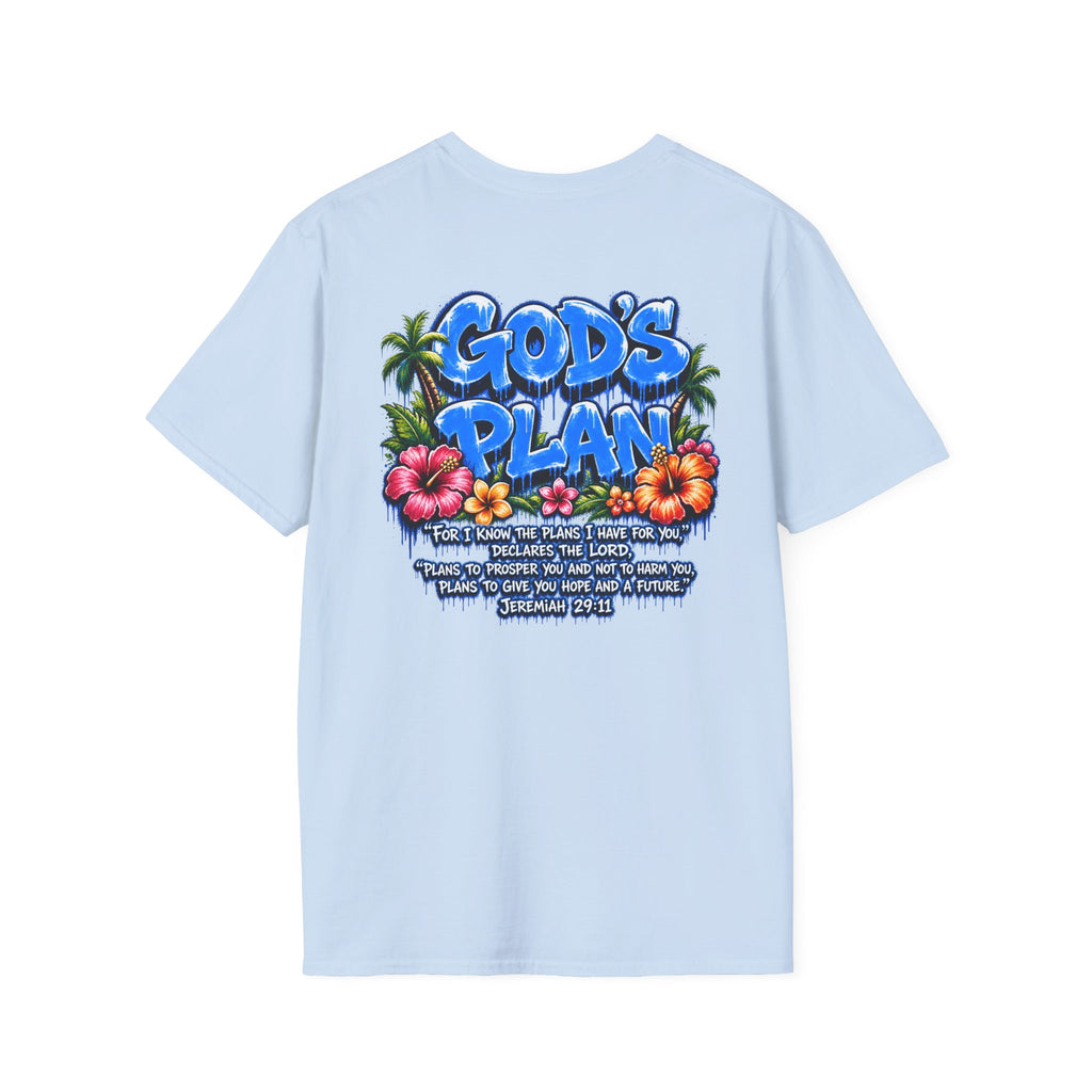 God’s Plan Jeremiah 29:11 Tee, Palm Tree and Floral Print, Front and Back Design Christian shirt