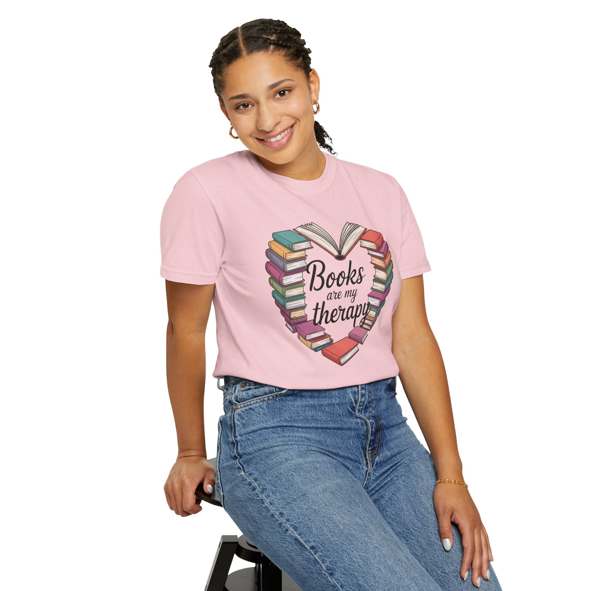 Books Are My Therapy Comfort Colors T-Shirt | Heart Stack of Colorful Books Design