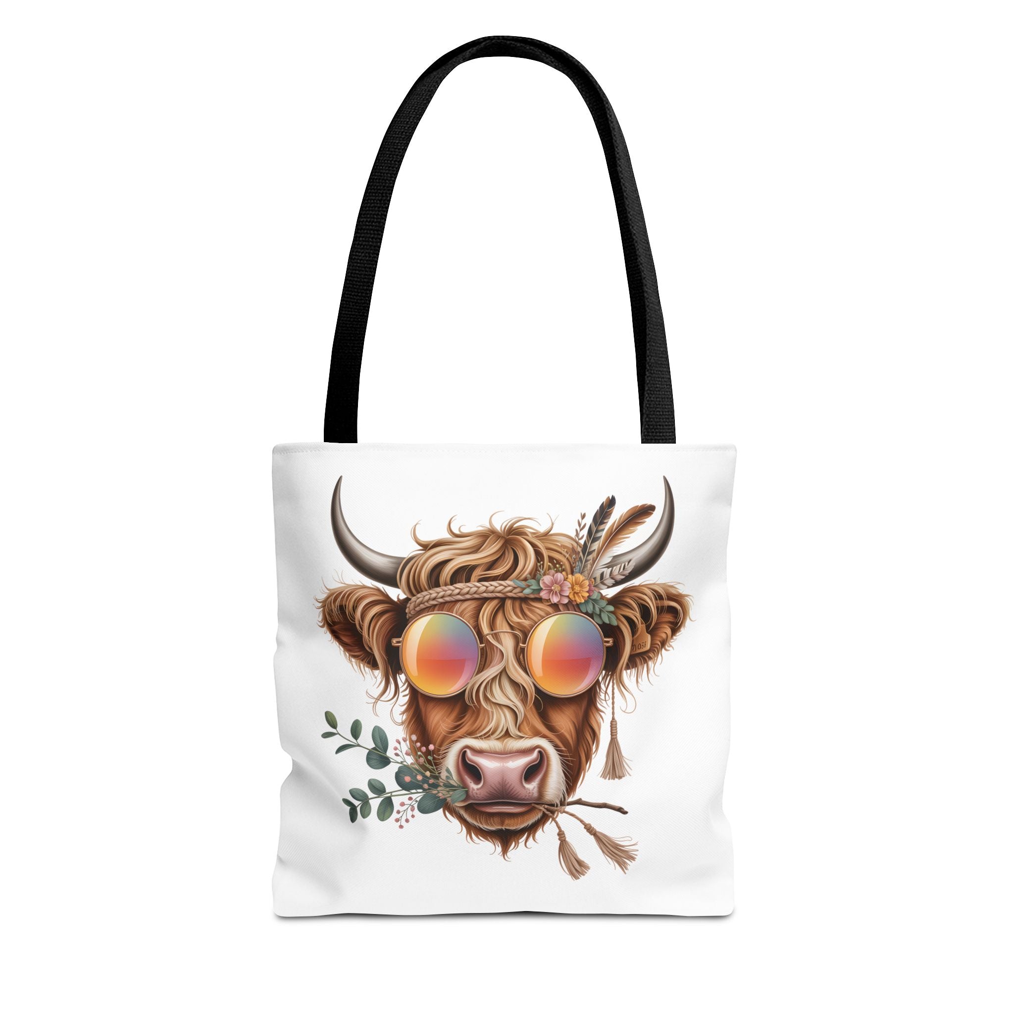 Hippie Highland Cow Tote Bag | Boho Cow with Sunglasses and Floral Accents