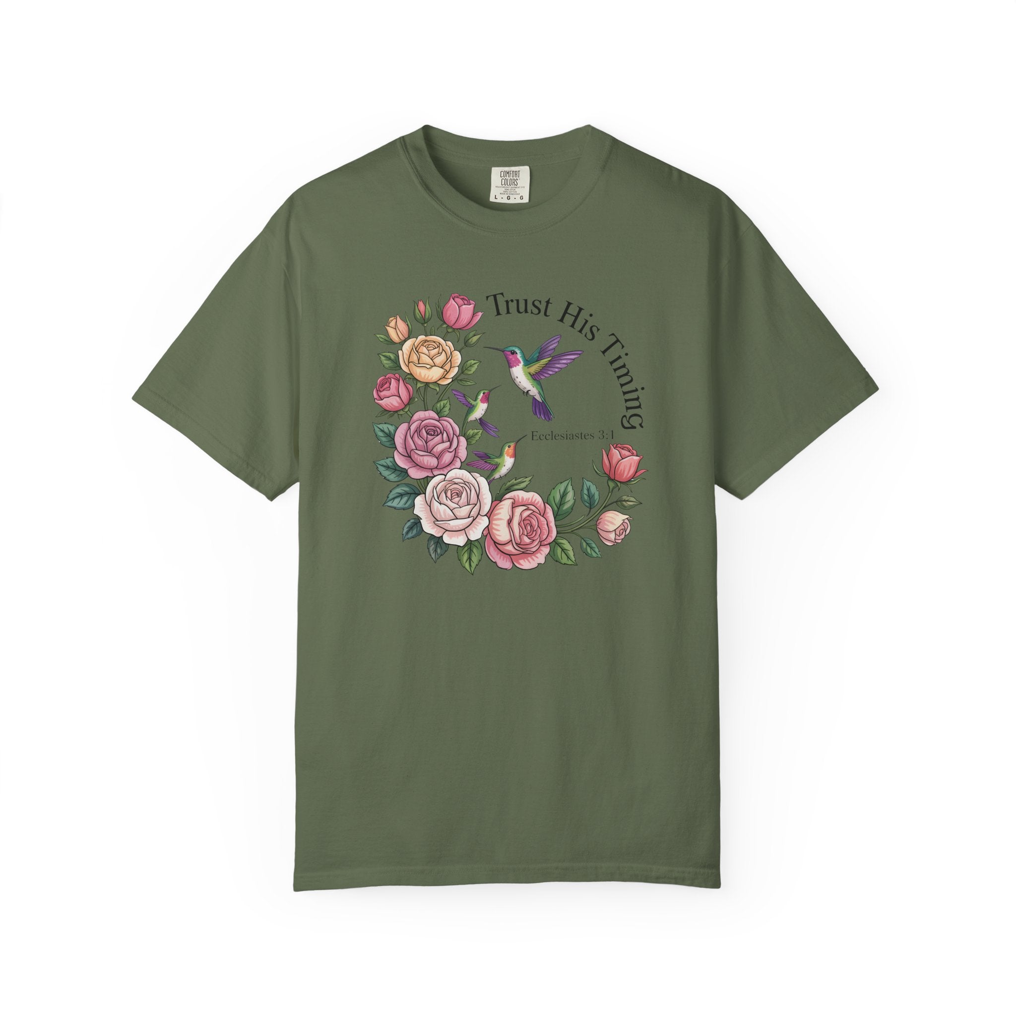 Comfort Colors® Floral Trust His Timing: Ecclesiastes 3;1 Scripture Tee, Christian Apparel