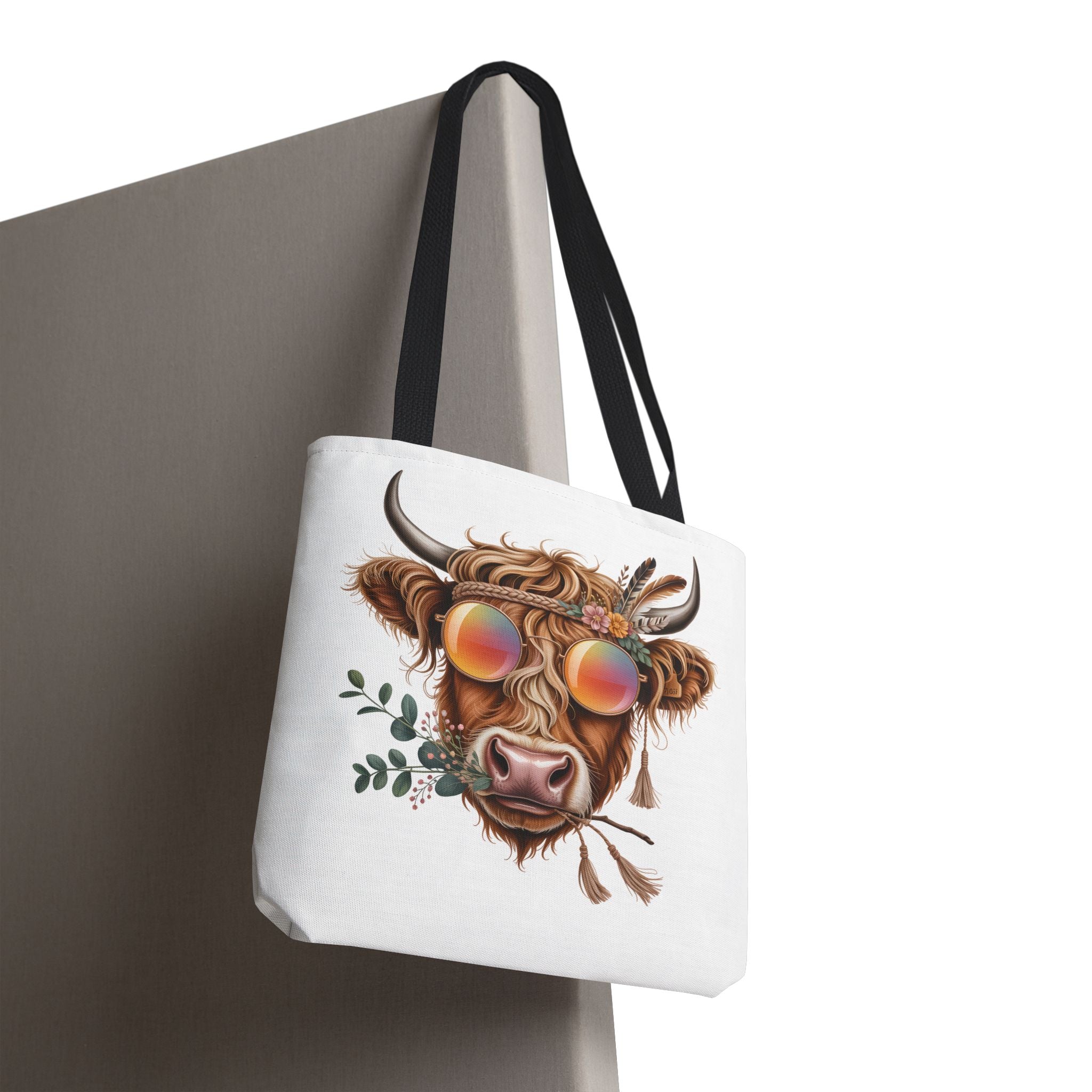 Hippie Highland Cow Tote Bag | Boho Cow with Sunglasses and Floral Accents