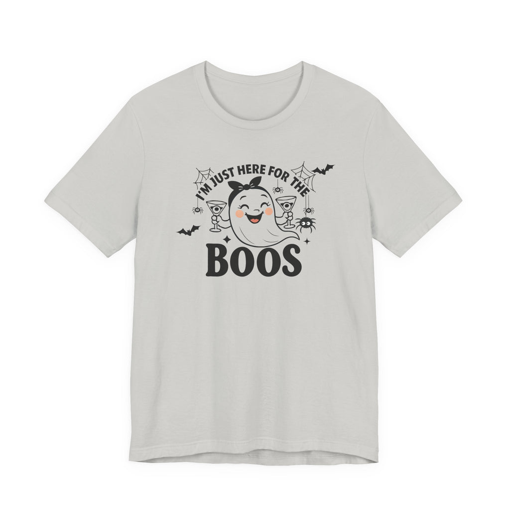 I'm Just Here For The Boos Ghost Tee, Unisex Funny T-Shirt for Parties, Cute Spooky Shirt, Gift for Trick-or-Treaters, Casual Fall Wear
