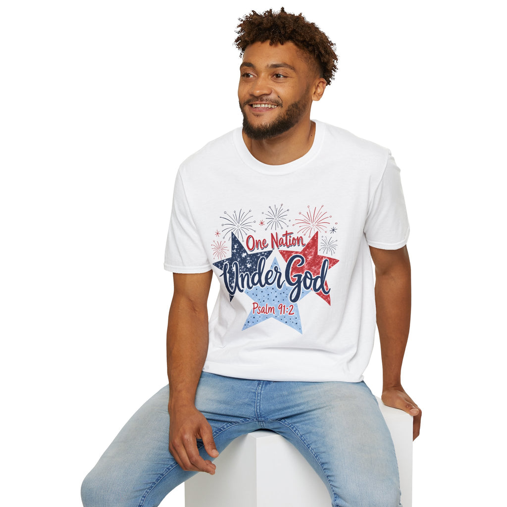 One Nation Under God T-Shirt | Patriotic Stars Fireworks Psalm 91:2