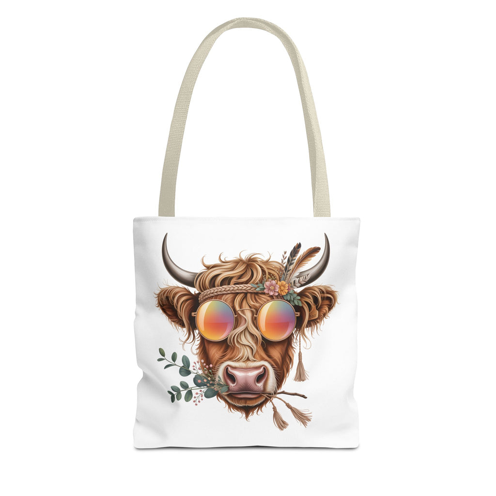 Hippie Highland Cow Tote Bag | Boho Cow with Sunglasses and Floral Accents