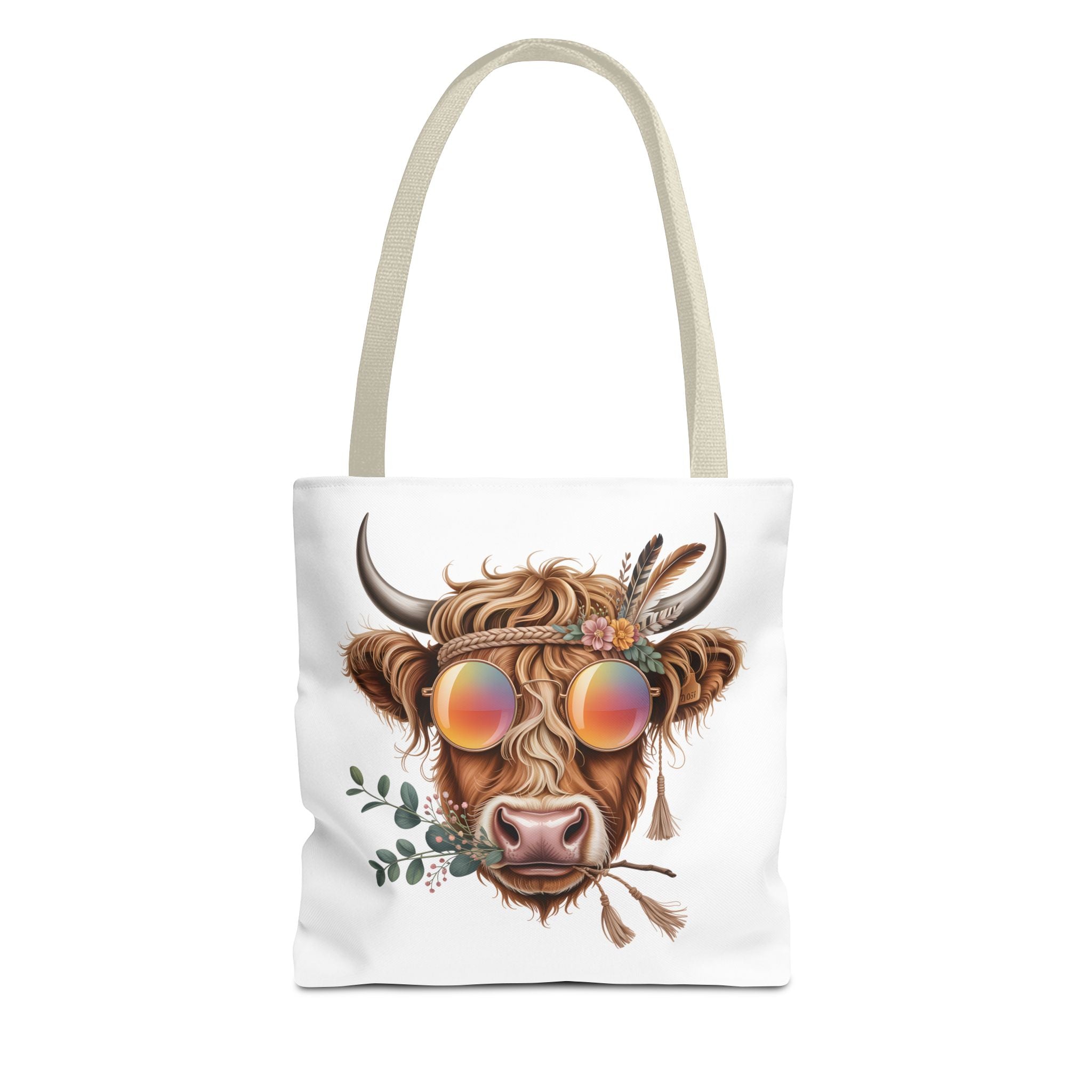 Hippie Highland Cow Tote Bag | Boho Cow with Sunglasses and Floral Accents