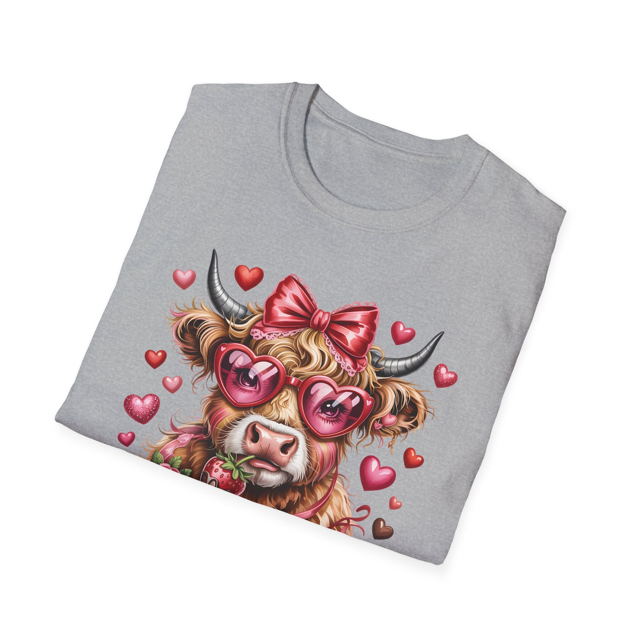 Valentine Highland Cow T-Shirt — Cute Cow with Heart Sunglasses & Bow
