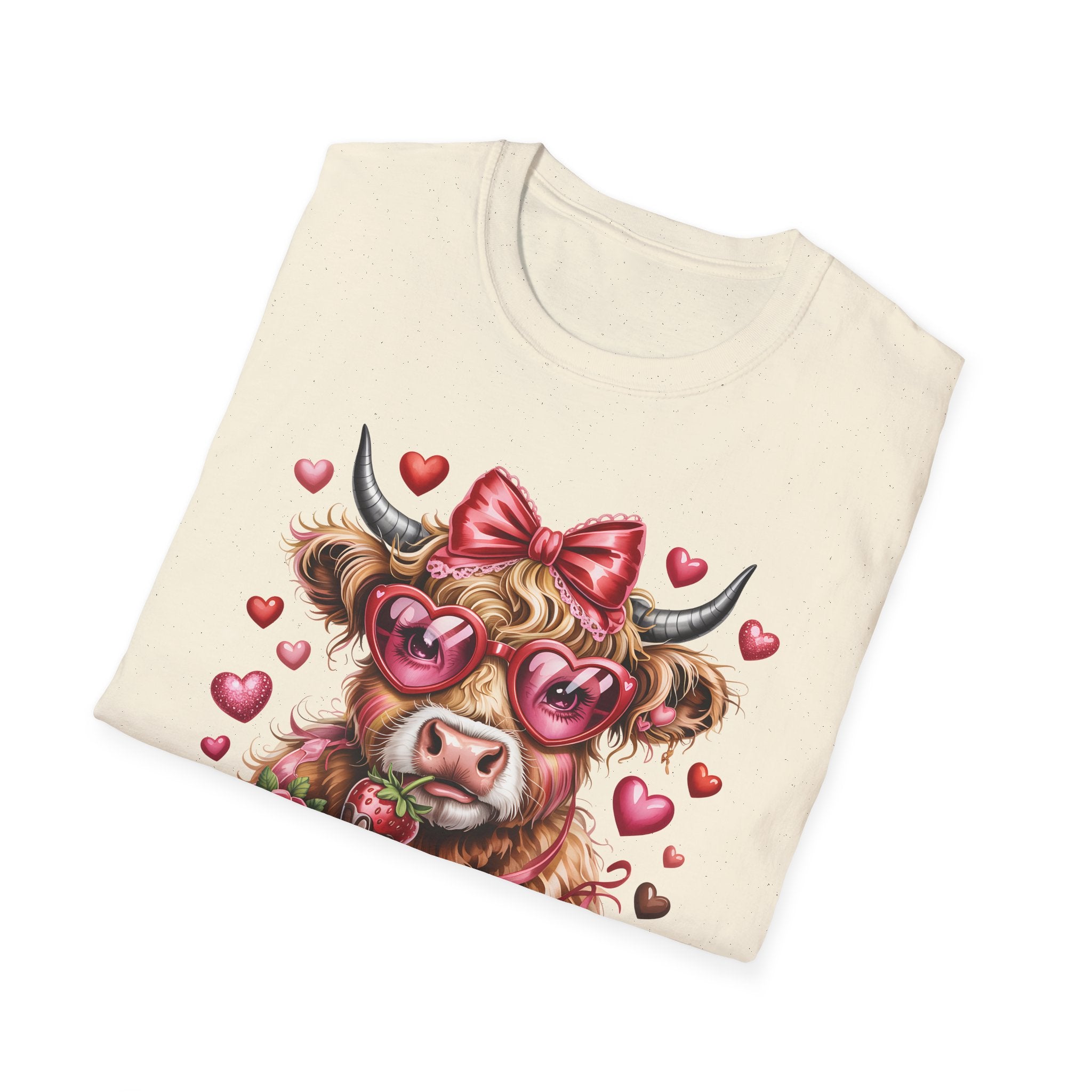 Valentine Highland Cow T-Shirt — Cute Cow with Heart Sunglasses & Bow