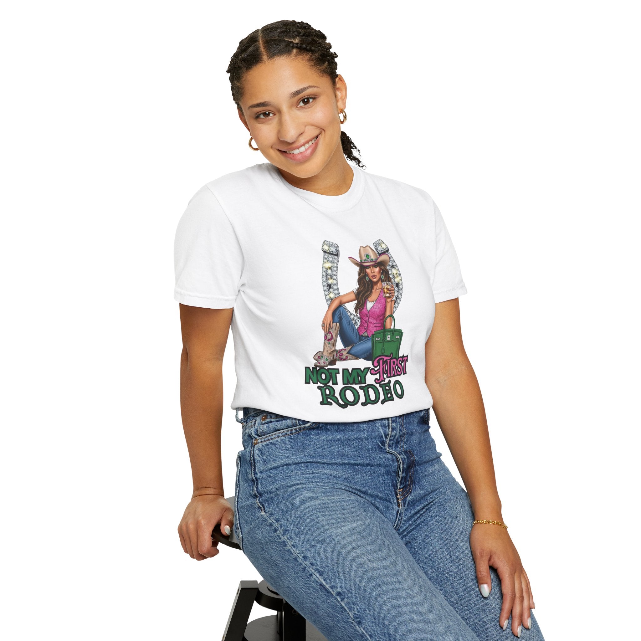 Cowgirl Rodeo Themed Rhinestone Shirt, 'Not My First Rodeo' Western Style Top, Rodeo Shirt, Women's Rhinestone Tee, Country Concert Outfit