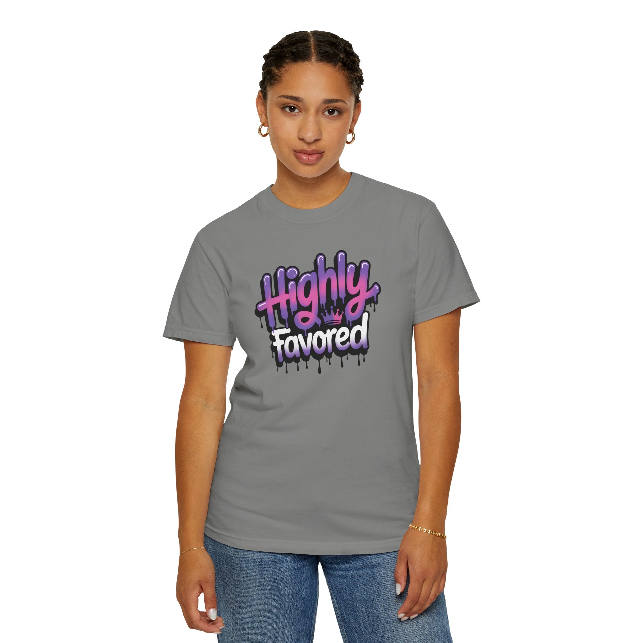 Highly Favored Graffiti Style Comfort Colors Shirt, Christian Graphic Tee, Faith Inspired Shirt