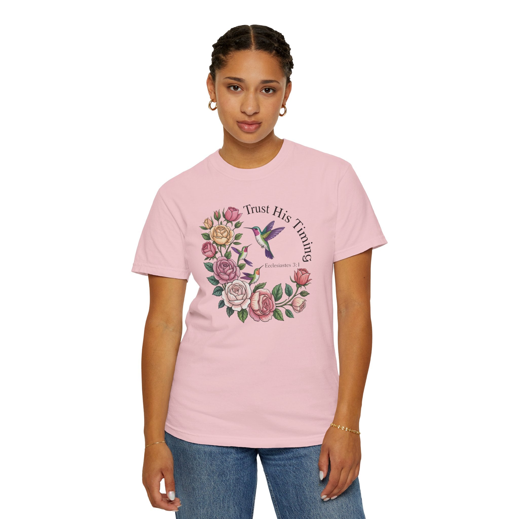 Comfort Colors® Floral Trust His Timing: Ecclesiastes 3;1 Scripture Tee, Christian Apparel