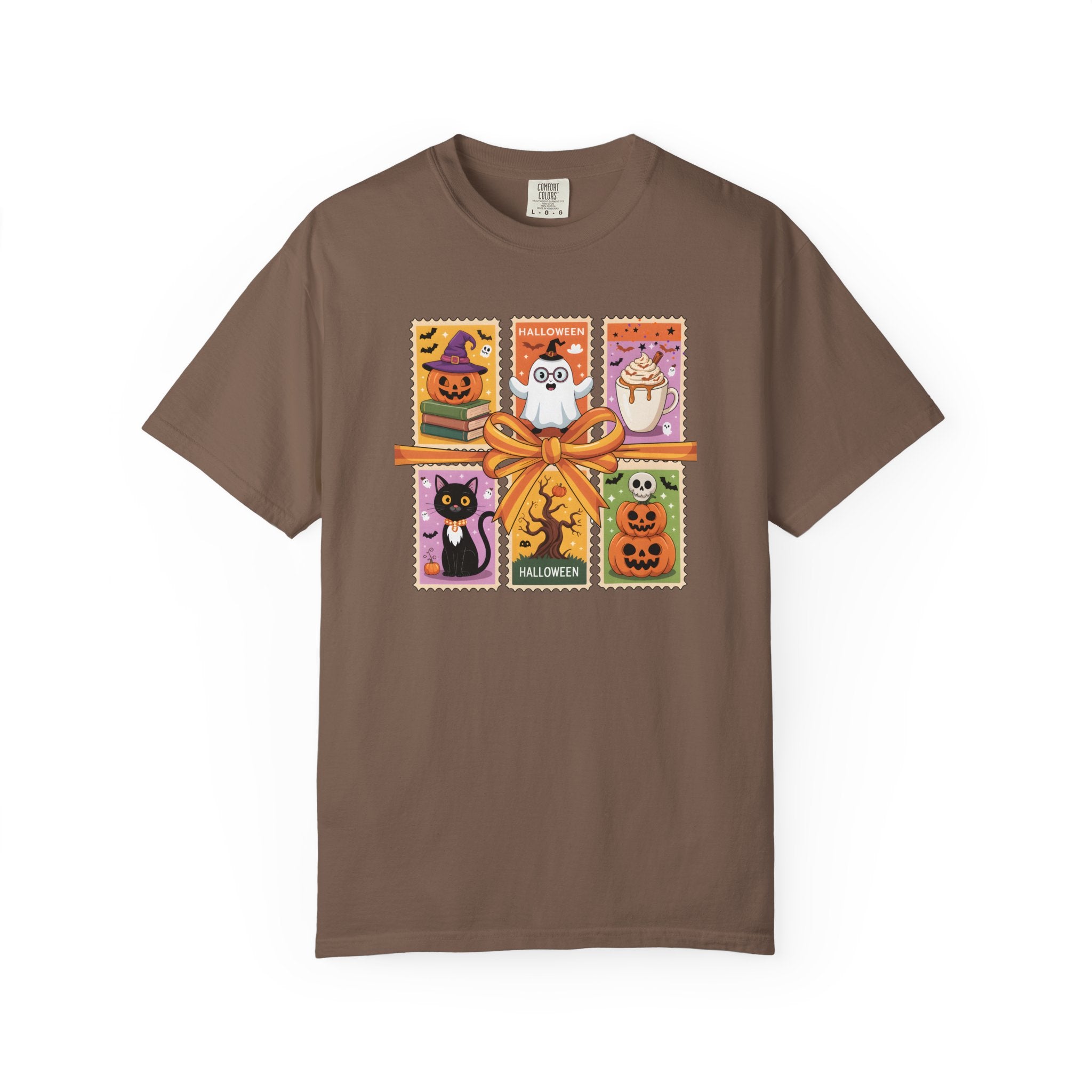 Festive Stamp Halloween Cat Ghost Pumpkin T-shirt, Cute Halloween Gift, Comfort Colors Fall Fashion Shirt, Spooky Cat Lovers