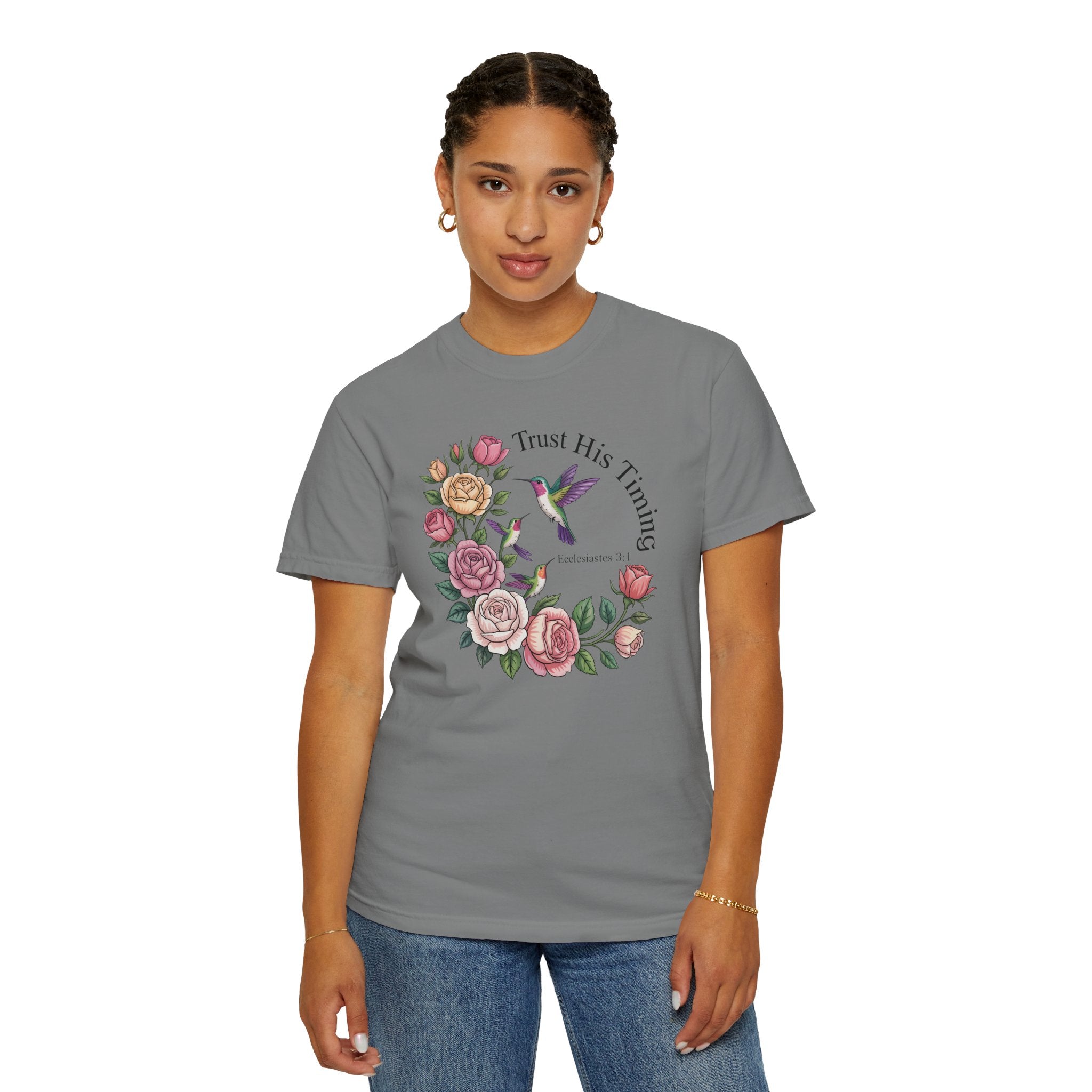 Comfort Colors® Floral Trust His Timing: Ecclesiastes 3;1 Scripture Tee, Christian Apparel