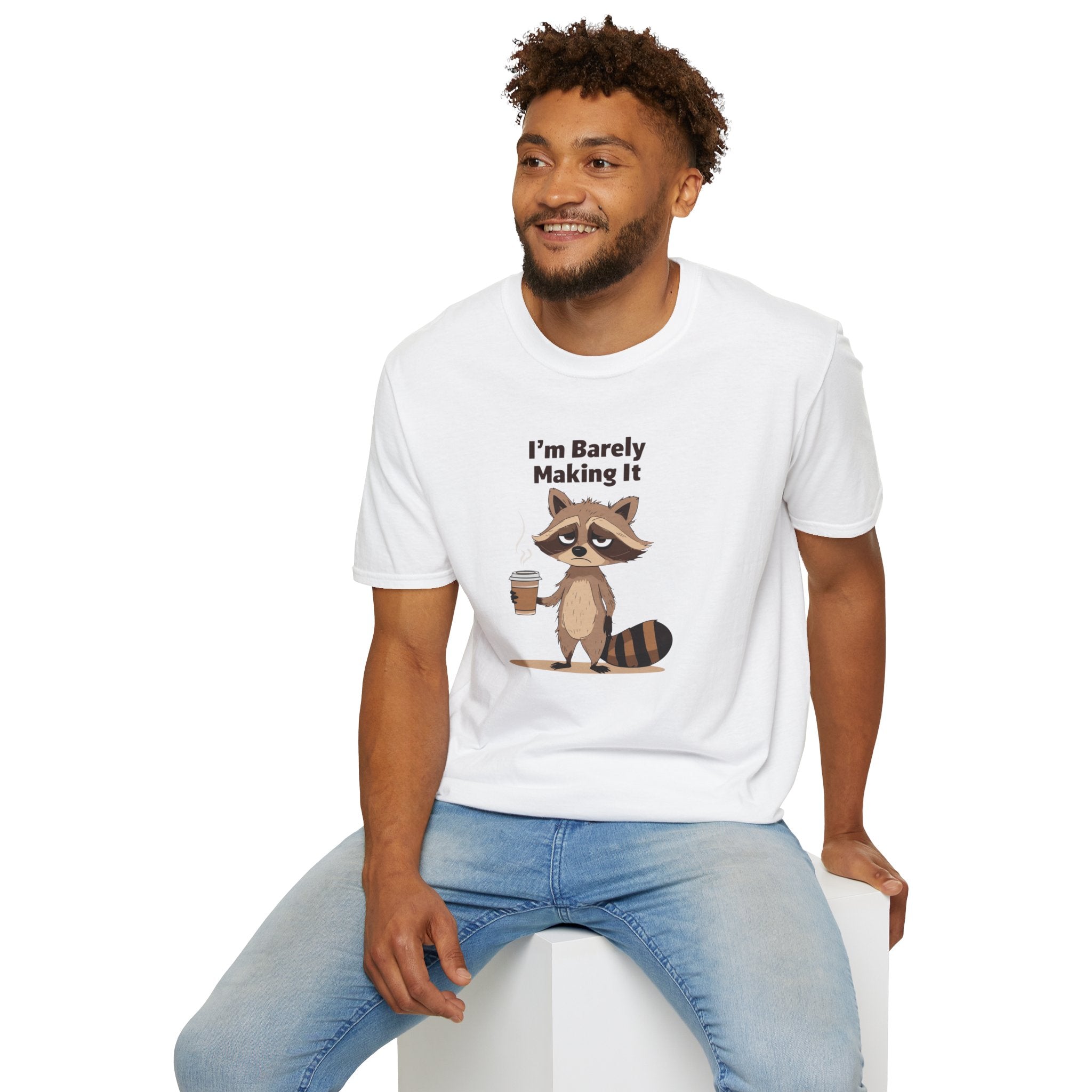Funny Raccoon T-Shirt, Unisex Softstyle Tee, Humor Shirt, Coffee Lover Gift, Quirky Graphic Tee, Relaxed Fit Casual Wear