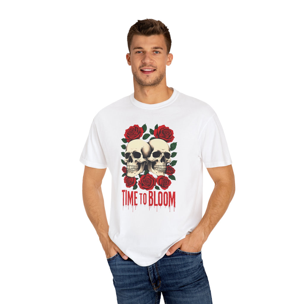 Stylish Skull & Rose Unisex T-shirt, Grunge Tee, Unisex Casual Wear, Unique Graphic Top, Gift for Goths, Time to Bloom Apparel
