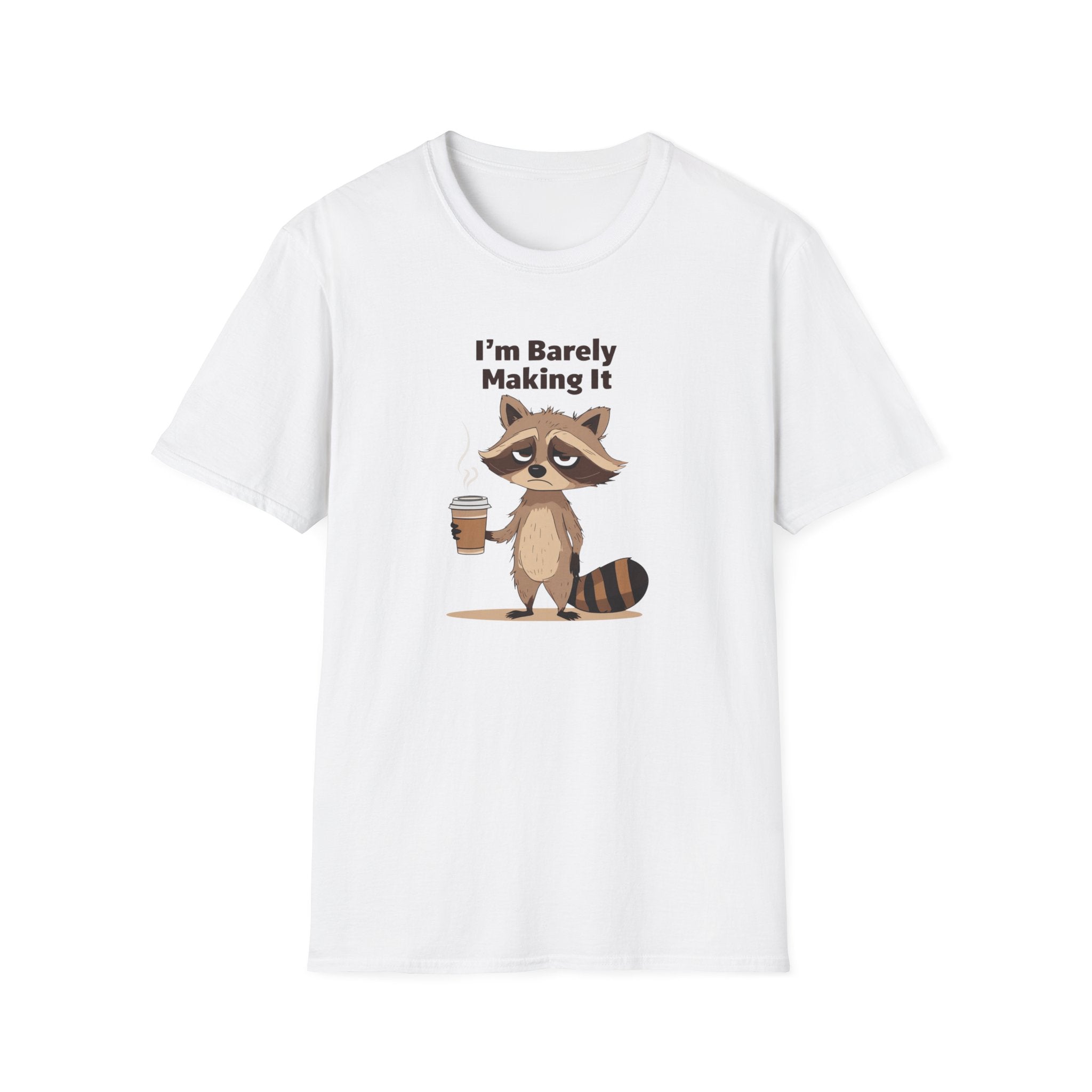 Funny Raccoon T-Shirt, Unisex Softstyle Tee, Humor Shirt, Coffee Lover Gift, Quirky Graphic Tee, Relaxed Fit Casual Wear