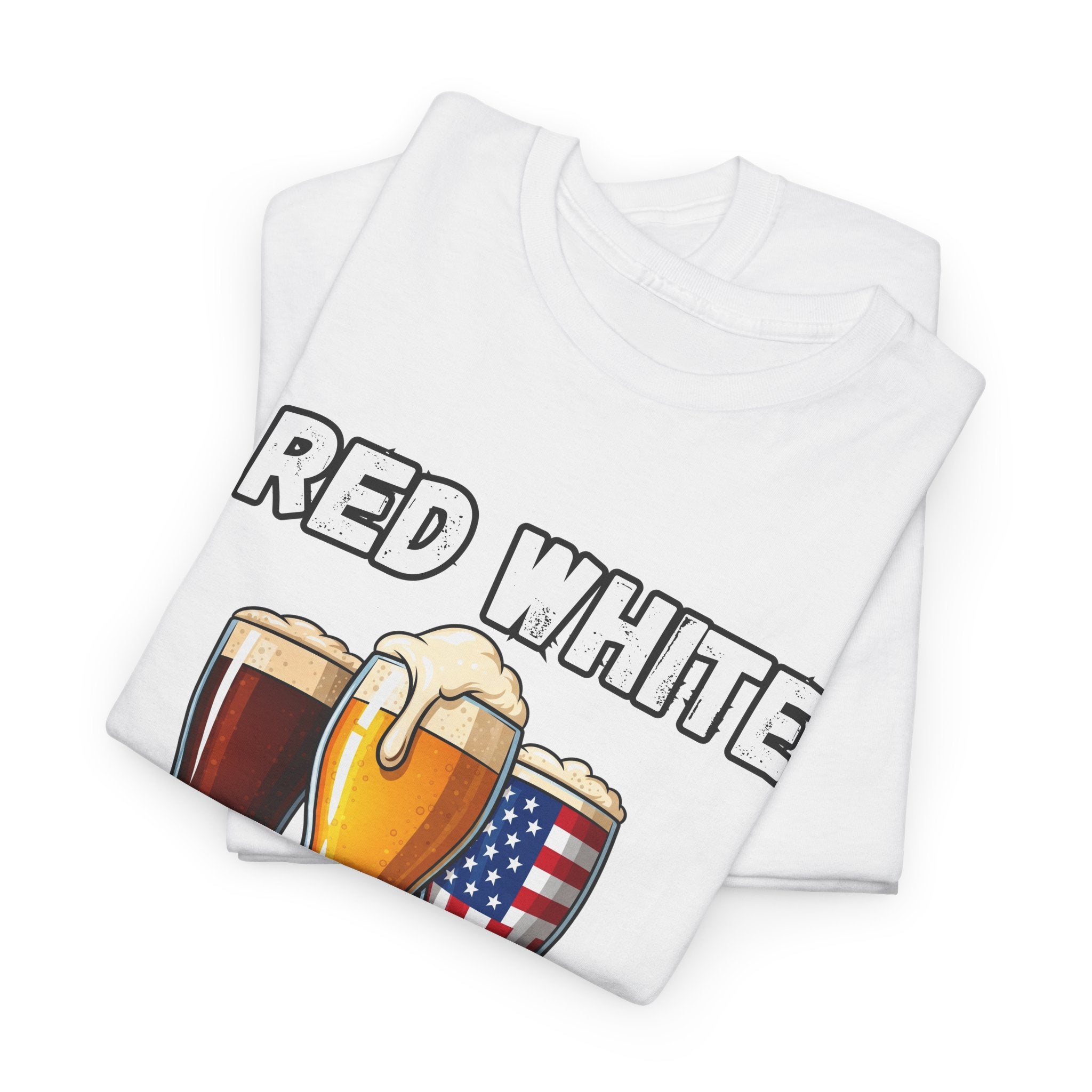 Men's Red, White & Brew Heavy Cotton Tee - Perfect for 4th of July BBQs, Independence Day, Casual Outings, Summer Fun, Beer Lovers