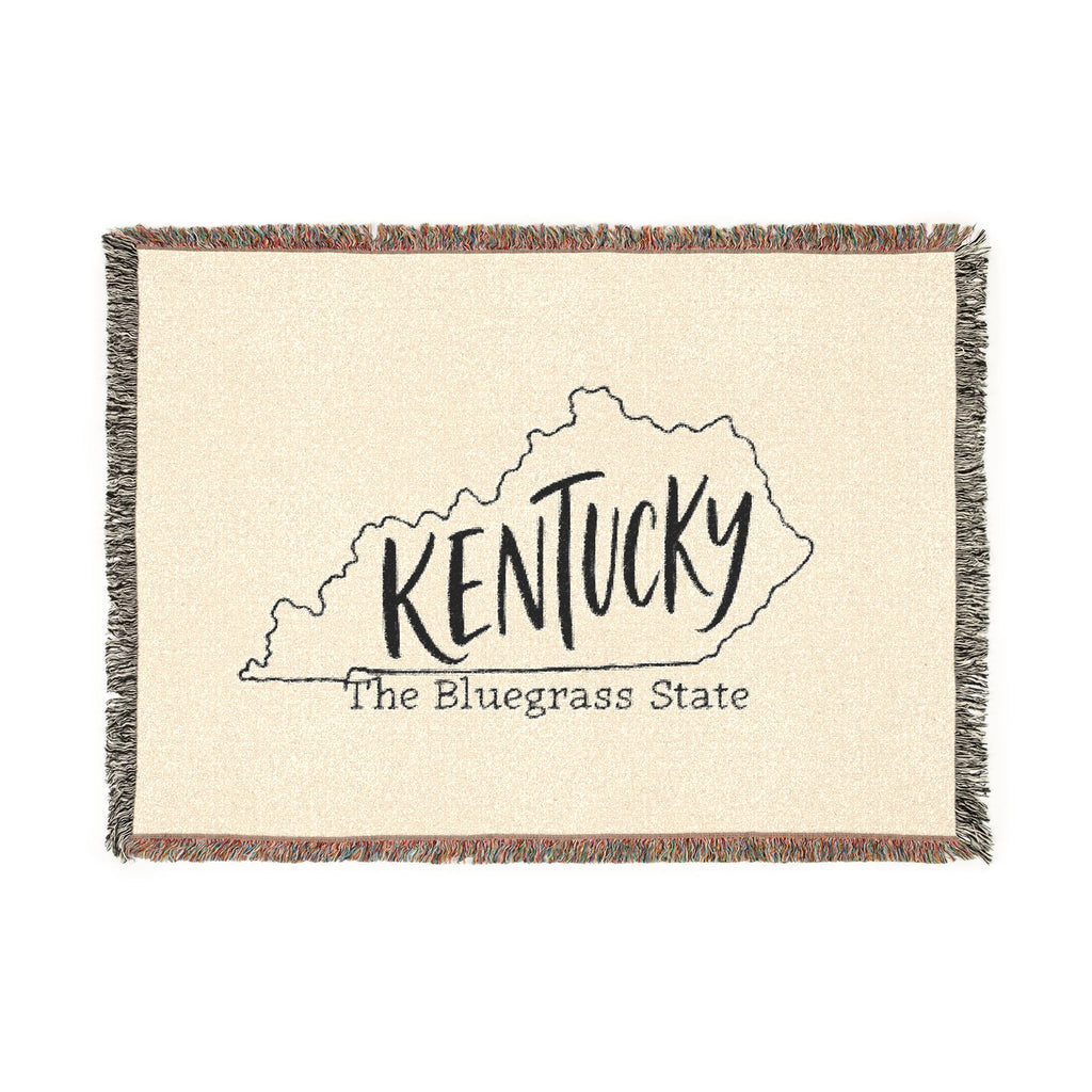 Kentucky state outline with 'Kentucky' script Woven Blanket | The Bluegrass State throw