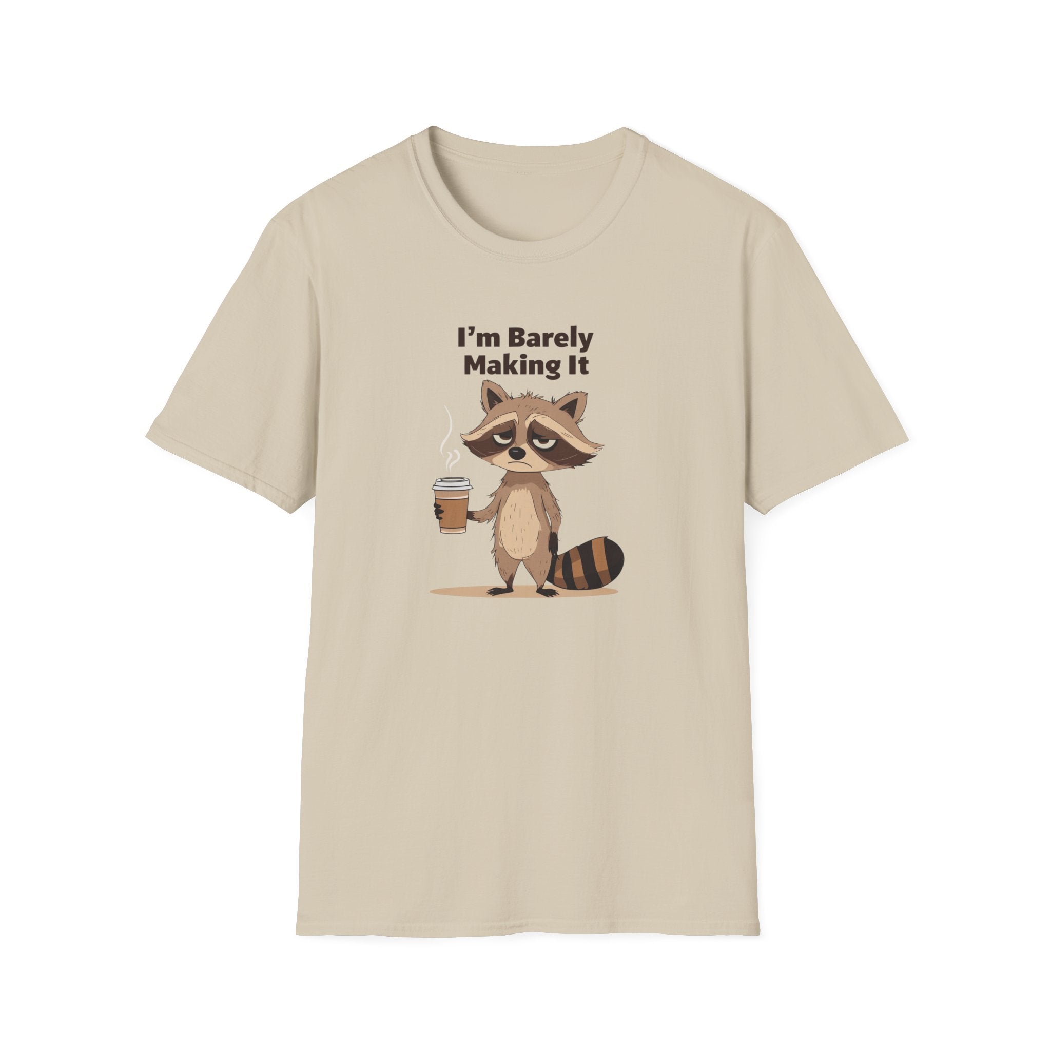 Funny Raccoon T-Shirt, Unisex Softstyle Tee, Humor Shirt, Coffee Lover Gift, Quirky Graphic Tee, Relaxed Fit Casual Wear