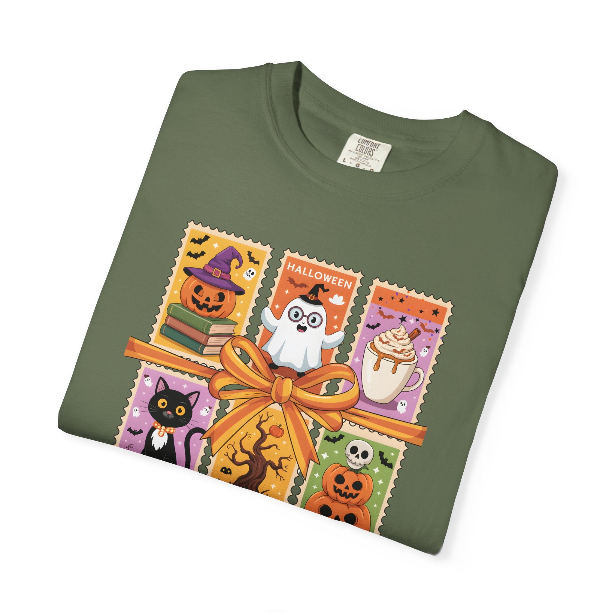 Festive Stamp Halloween Cat Ghost Pumpkin T-shirt, Cute Halloween Gift, Comfort Colors Fall Fashion Shirt, Spooky Cat Lovers