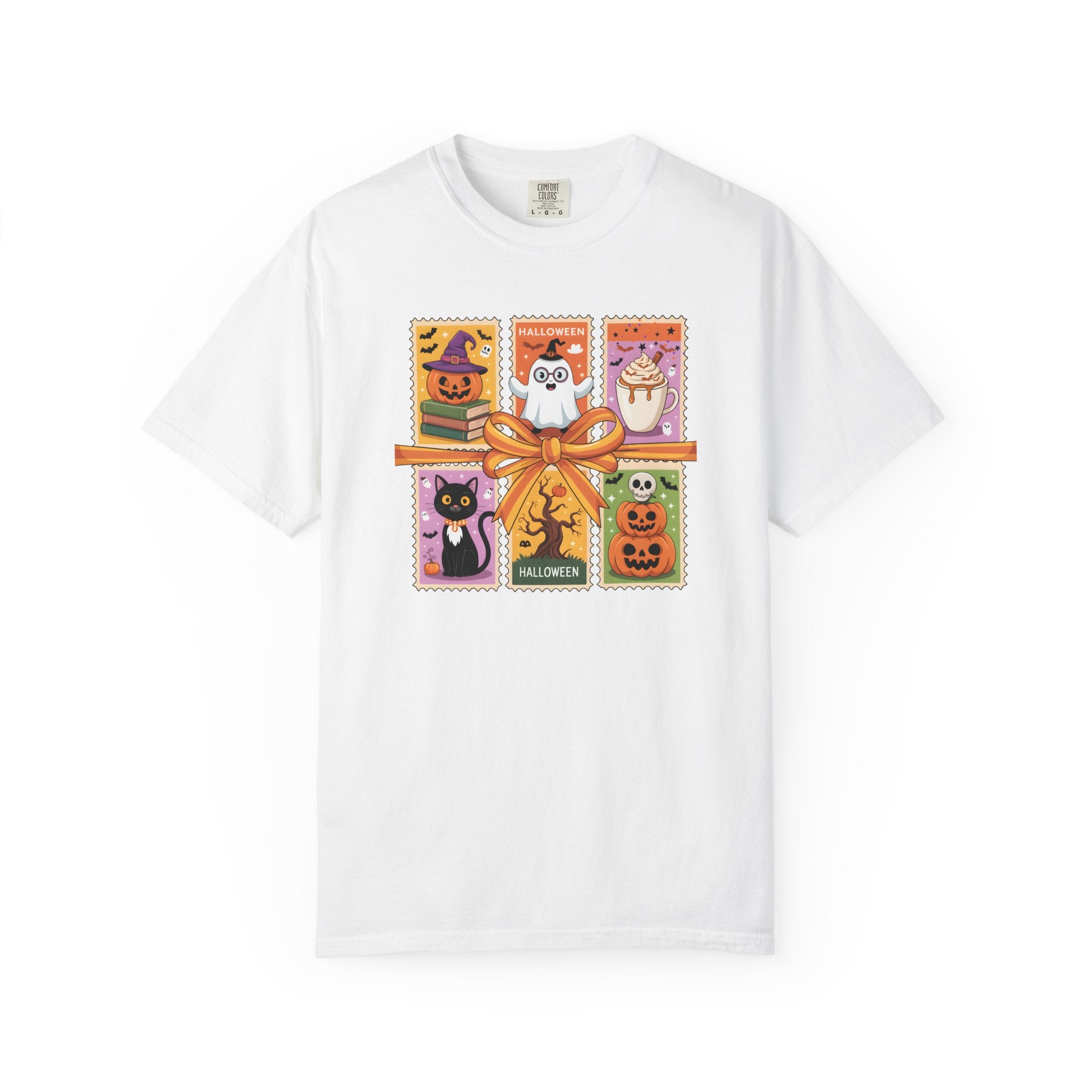 Festive Stamp Halloween Cat Ghost Pumpkin T-shirt, Cute Halloween Gift, Comfort Colors Fall Fashion Shirt, Spooky Cat Lovers