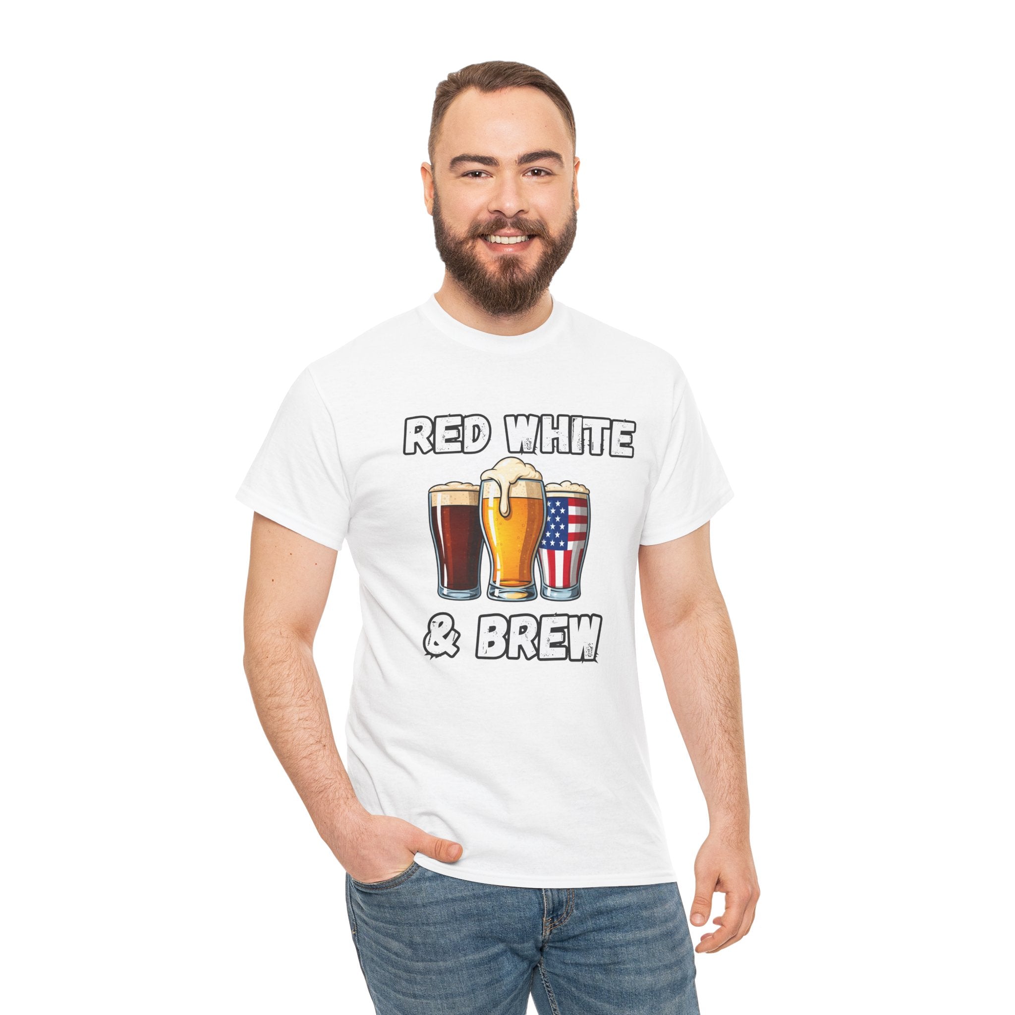 Men's Red, White & Brew Heavy Cotton Tee - Perfect for 4th of July BBQs, Independence Day, Casual Outings, Summer Fun, Beer Lovers