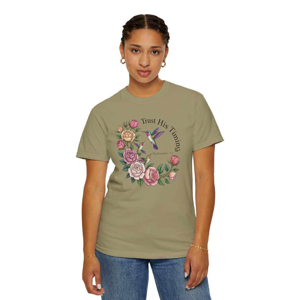 Comfort Colors® Floral Trust His Timing: Ecclesiastes 3;1 Scripture Tee, Christian Apparel