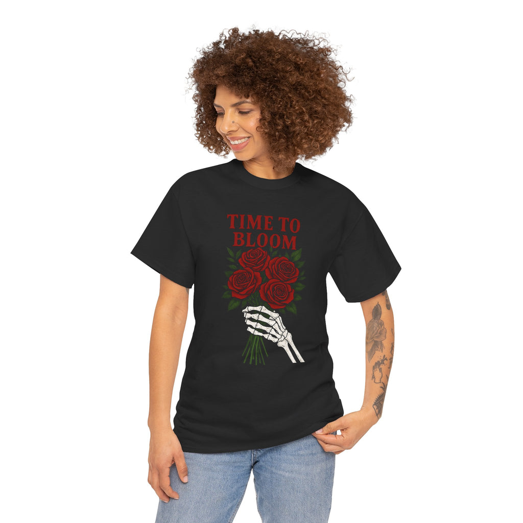 Skeleton Hand Floral Tee: Time to Bloom Unisex Heavy Cotton T-Shirt
