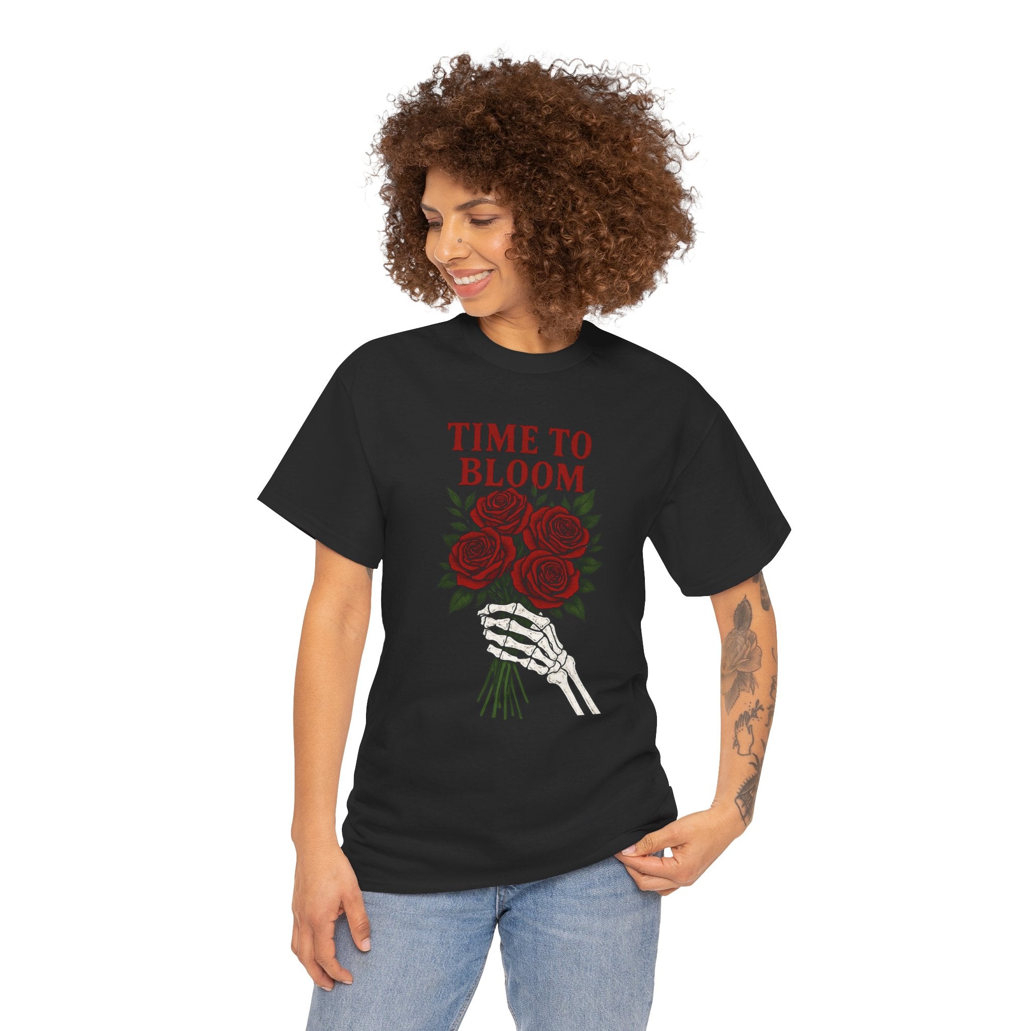 Skeleton Hand Floral Tee: Time to Bloom Unisex Heavy Cotton T-Shirt