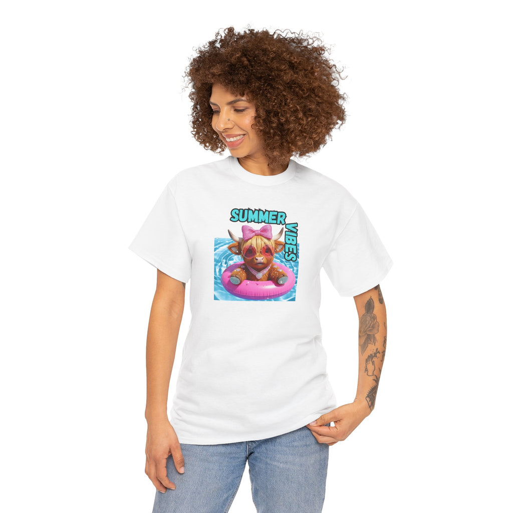 Summer Vibes Heavy Cotton Tee, Cute Cow Tee, Beach Day Shirt, Casual Summer Wear, Pet Lovers Gift, Pool Party Outfit