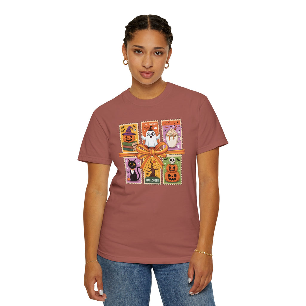 Festive Stamp Halloween Cat Ghost Pumpkin T-shirt, Cute Halloween Gift, Comfort Colors Fall Fashion Shirt, Spooky Cat Lovers