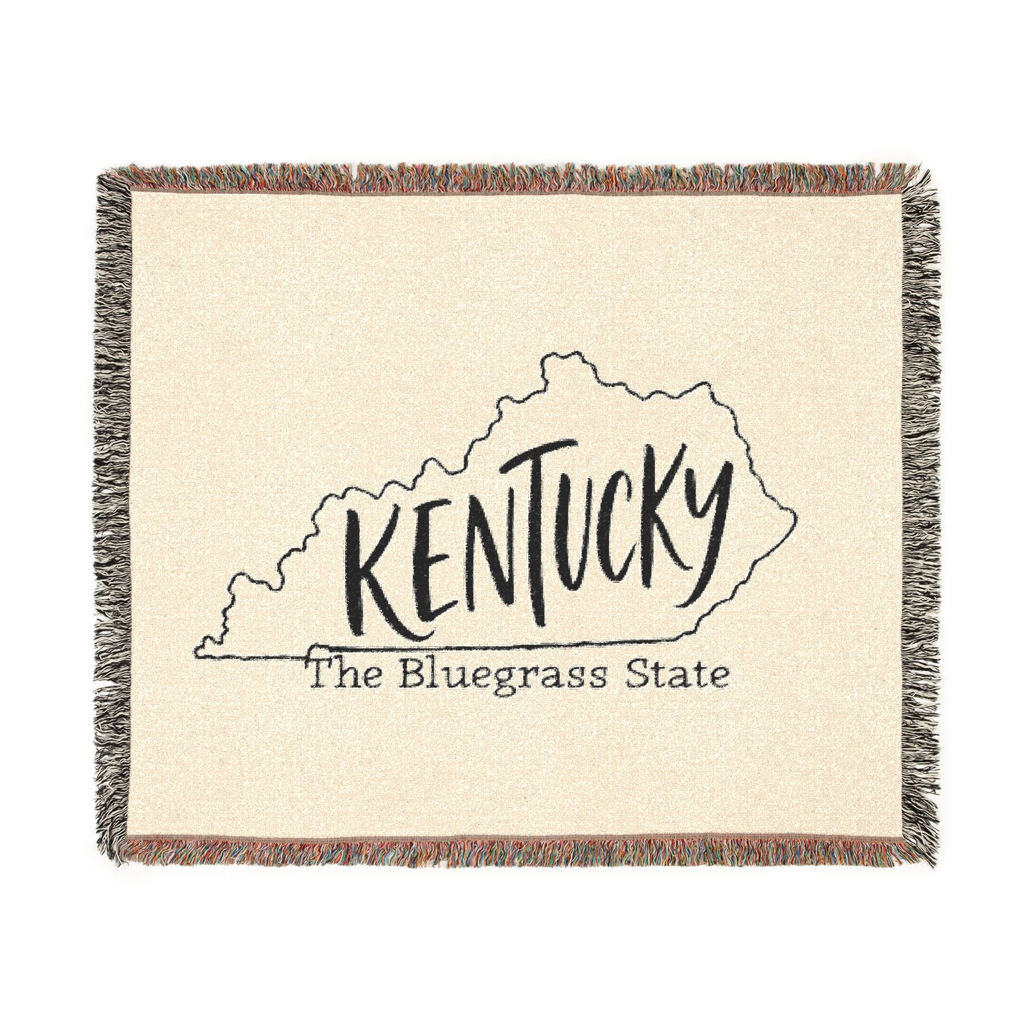 Kentucky state outline with 'Kentucky' script Woven Blanket | The Bluegrass State throw