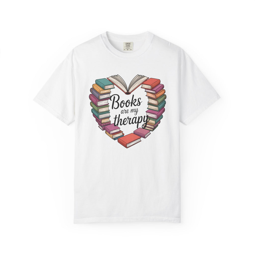 Books Are My Therapy Comfort Colors T-Shirt | Heart Stack of Colorful Books Design