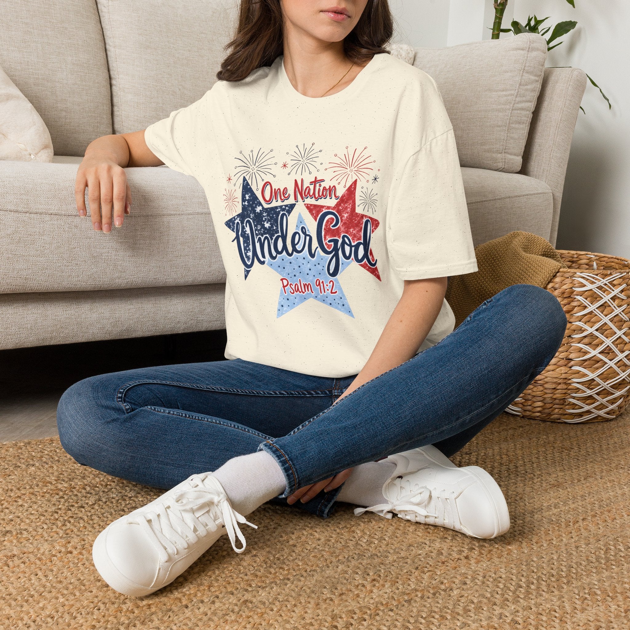 One Nation Under God T-Shirt | Patriotic Stars Fireworks Psalm 91:2
