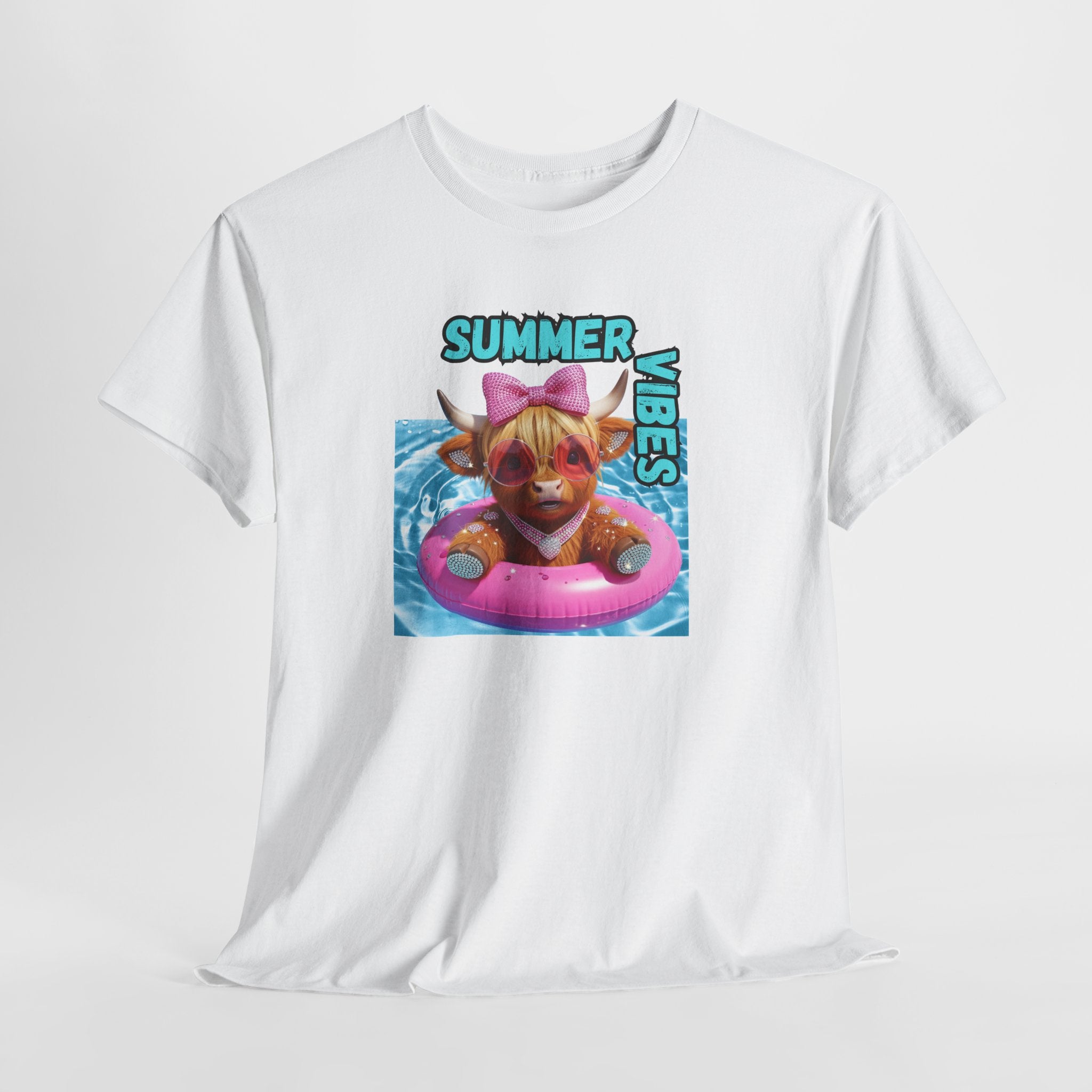 Summer Vibes Heavy Cotton Tee, Cute Cow Tee, Beach Day Shirt, Casual Summer Wear, Pet Lovers Gift, Pool Party Outfit