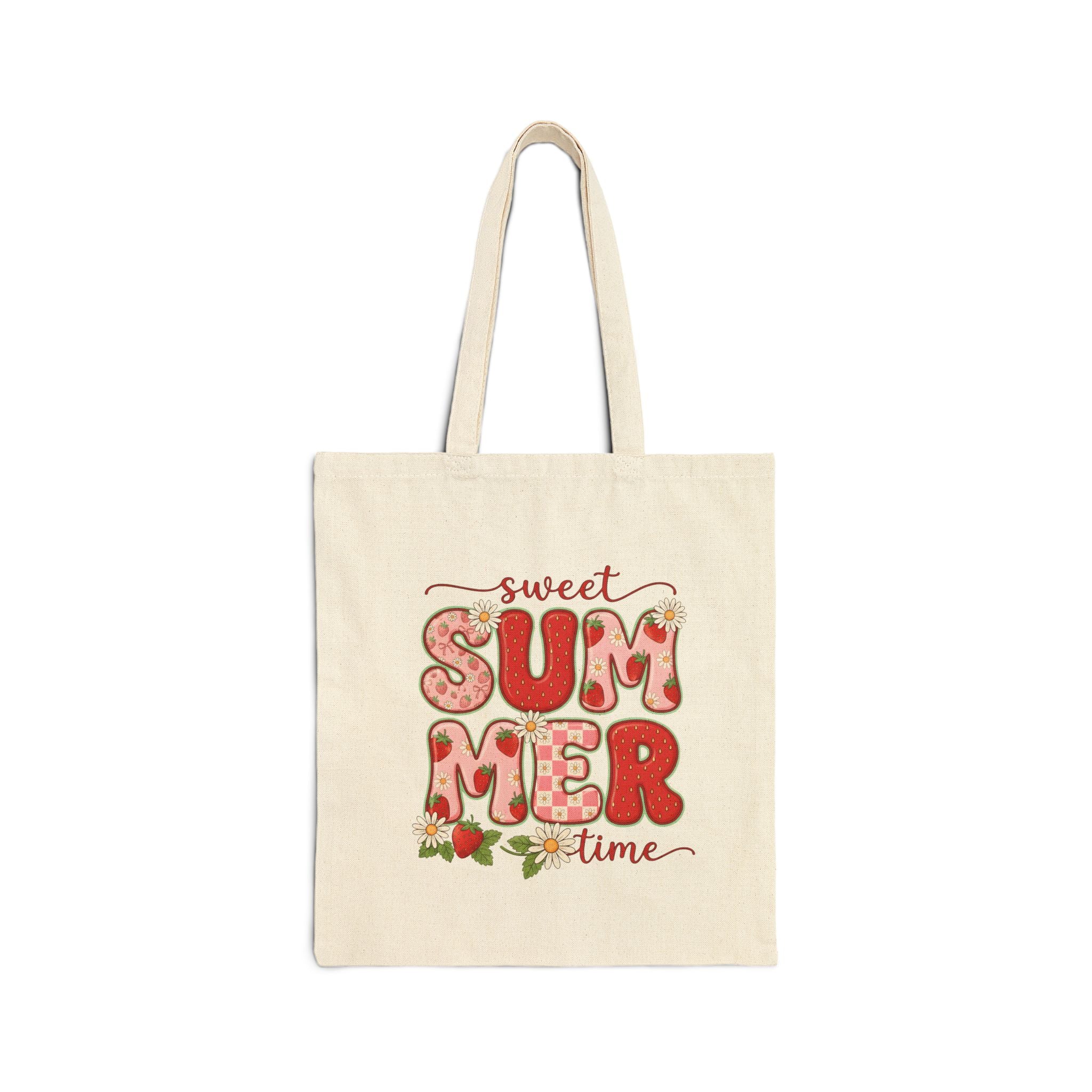 Sweet Summer Time Cotton Canvas Tote Bag | Strawberry Retro Summer Design