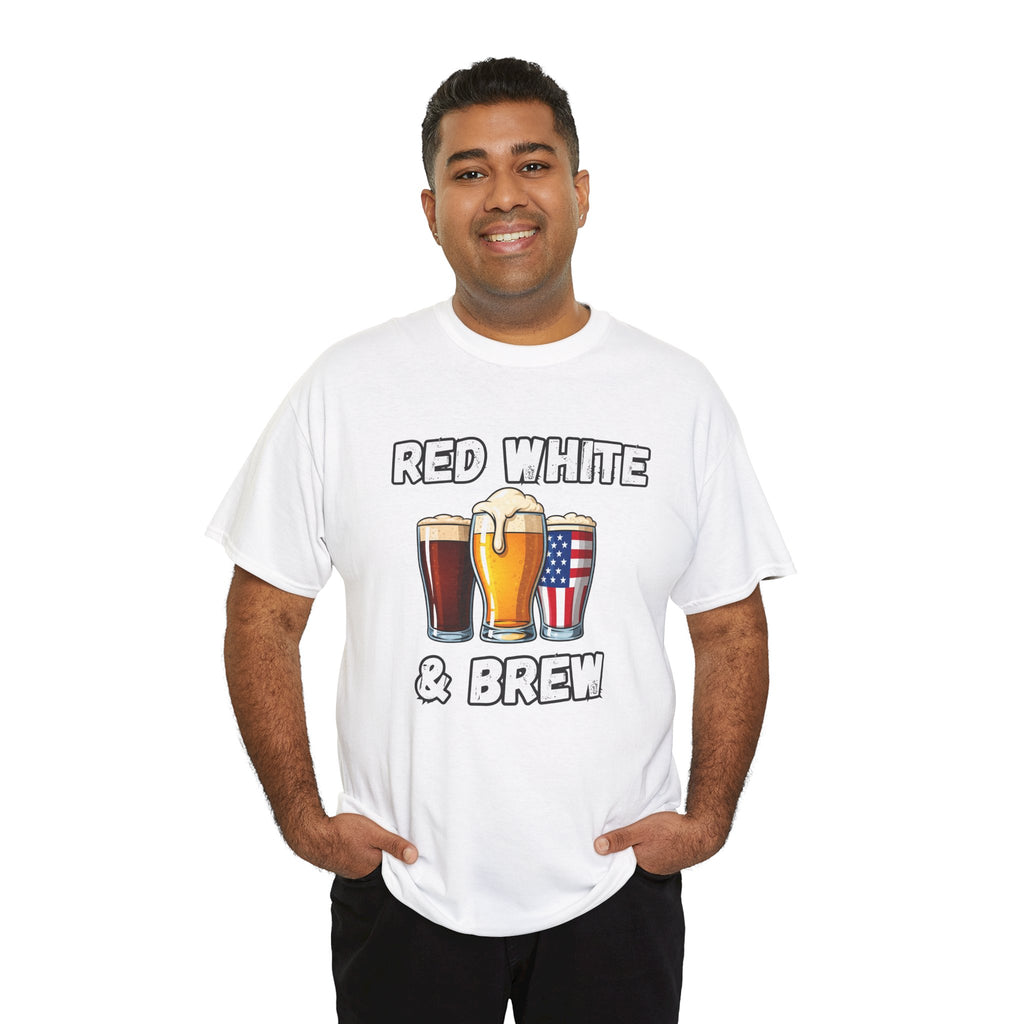Men's Red, White & Brew Heavy Cotton Tee - Perfect for 4th of July BBQs, Independence Day, Casual Outings, Summer Fun, Beer Lovers
