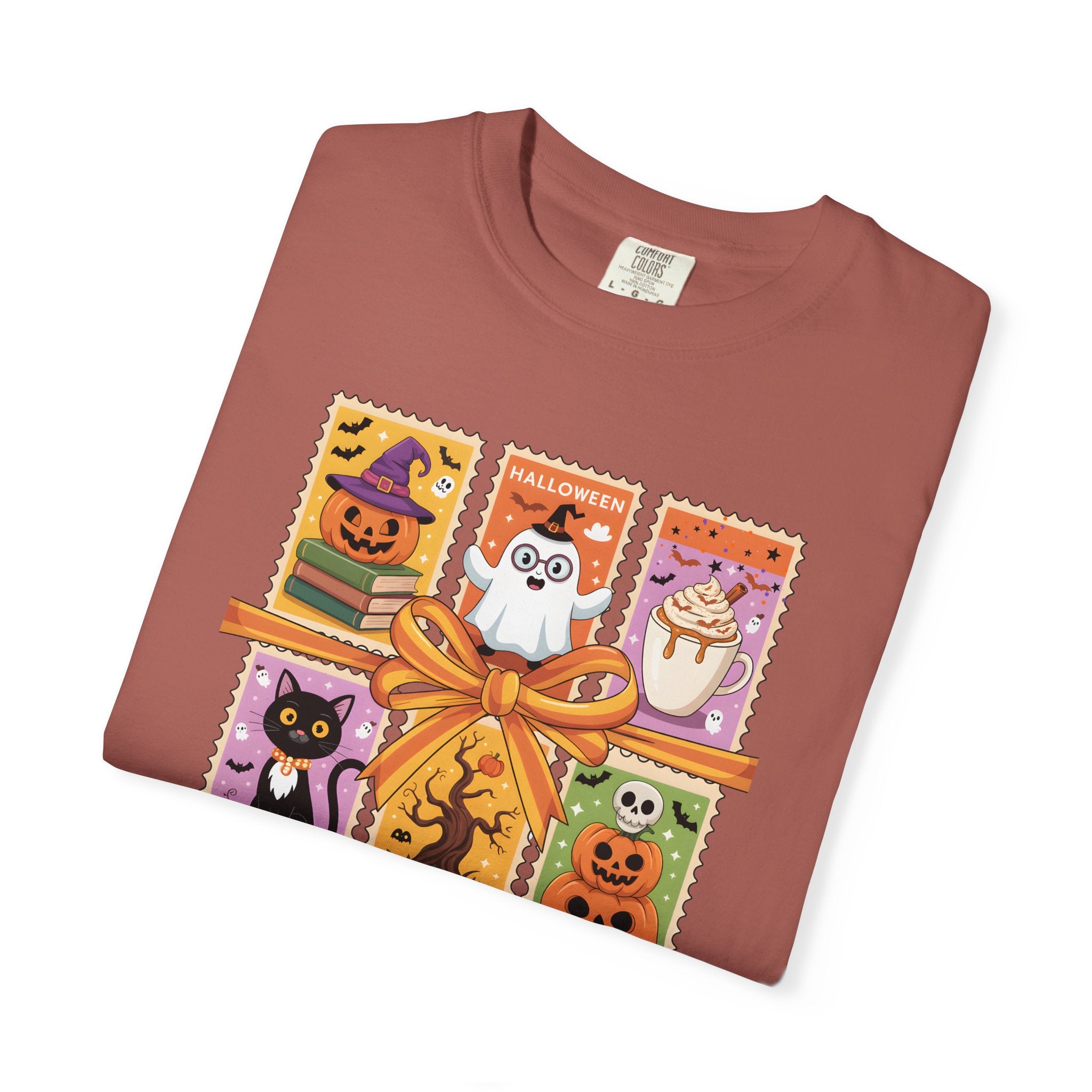 Festive Stamp Halloween Cat Ghost Pumpkin T-shirt, Cute Halloween Gift, Comfort Colors Fall Fashion Shirt, Spooky Cat Lovers