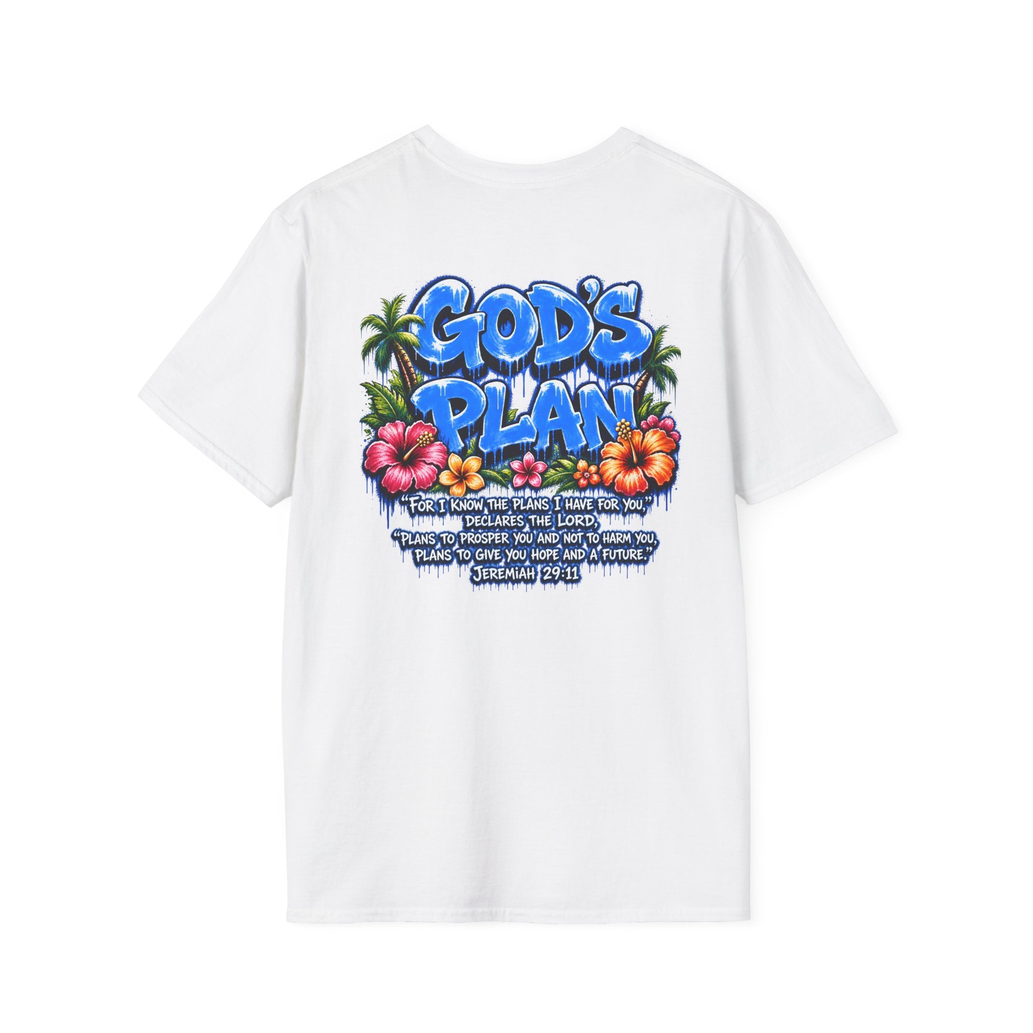 God’s Plan Jeremiah 29:11 Tee, Palm Tree and Floral Print, Front and Back Design Christian shirt