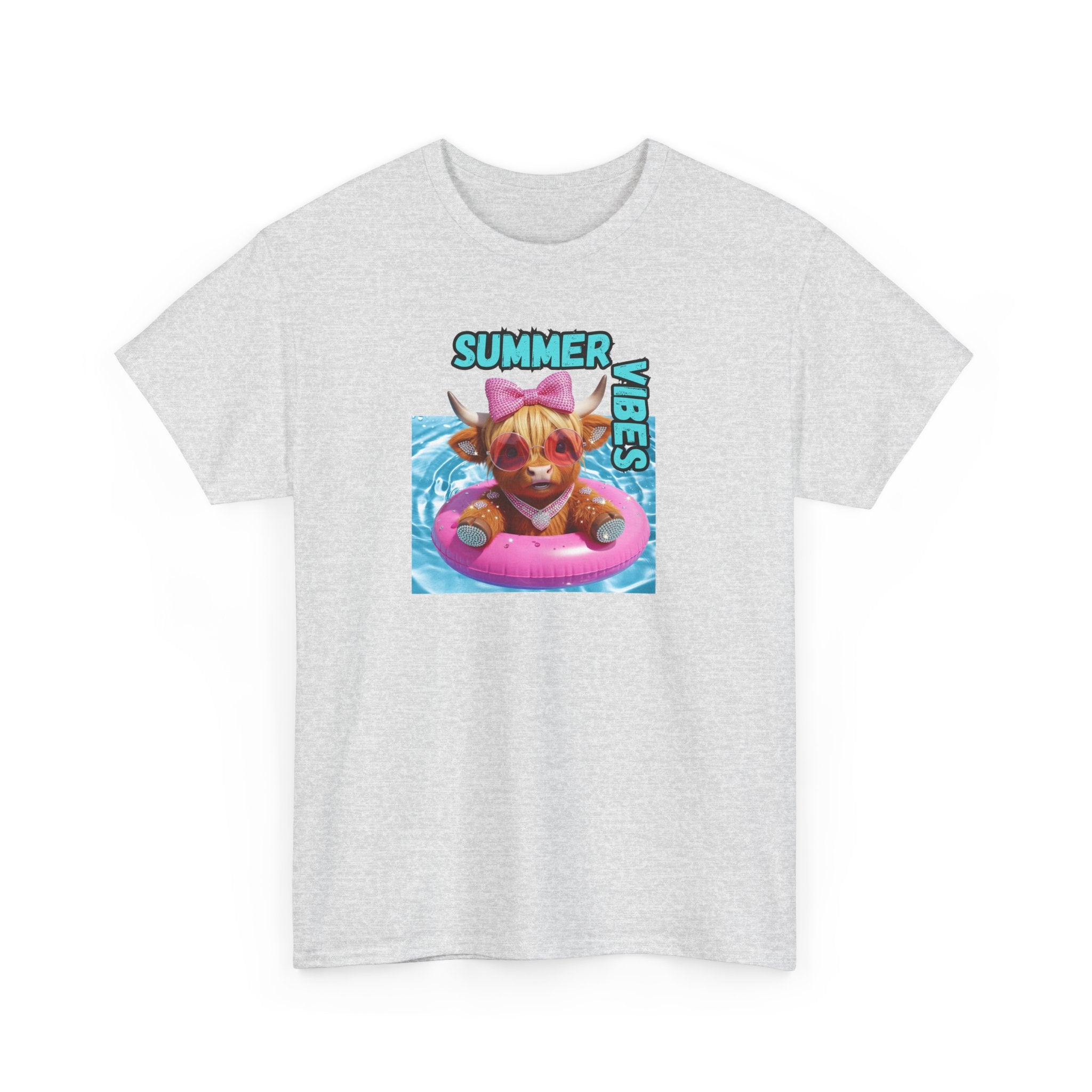 Summer Vibes Heavy Cotton Tee, Cute Cow Tee, Beach Day Shirt, Casual Summer Wear, Pet Lovers Gift, Pool Party Outfit